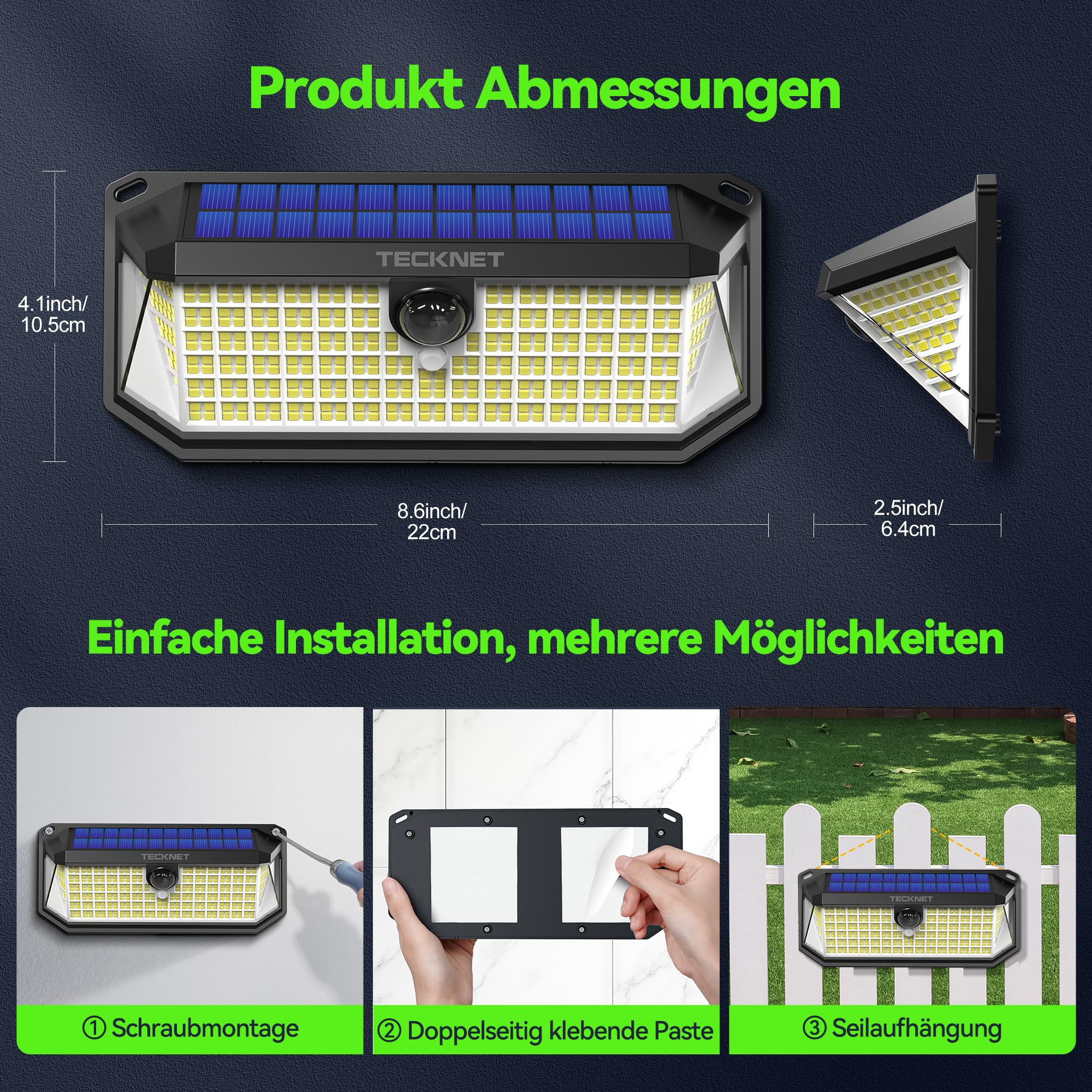 TECKNET Außenlampe mit Bewegungsmelder,416 LED Solarlicht,4 Stück | 300°Superhelle LED Solarleuchten für Außen,IP66 wasserdichte Solar Lampe für Garten,Wand,und Outdoor Beleuchtung