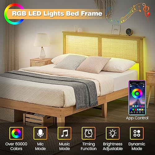 Miniatura 3 de Base de cama matrimonial de madera maciza de 12.4 pulgadas con cabecera de ratán natural, plataforma de tamaño matrimonial con luces LED, base de