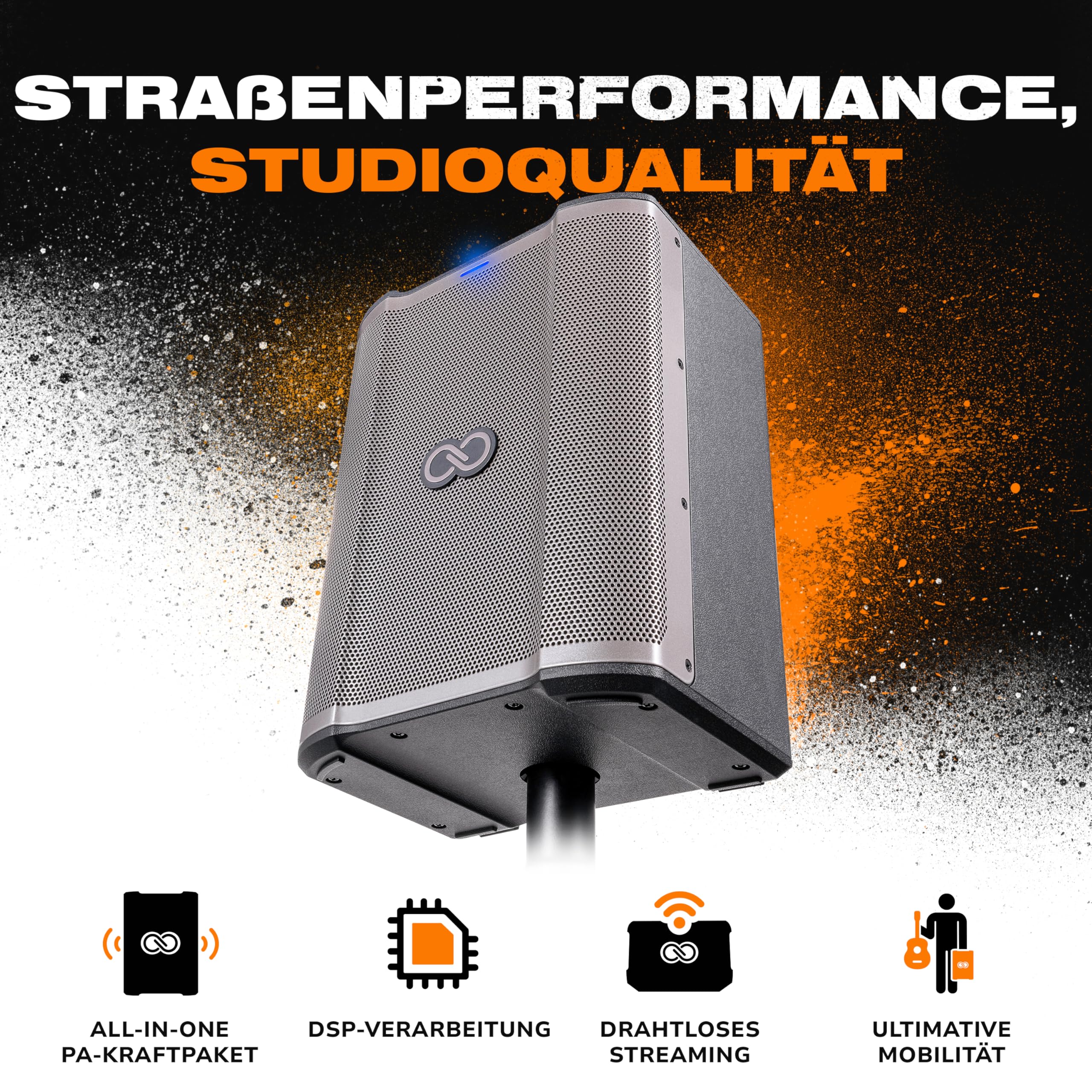 SHEERAN Special Edition Busker - 200W tragbarer PA-Lautsprecher mit Akkubatterie, Bluetooth, 3-Kanal Mixer, Alesis FX, App, USB-Aufladung