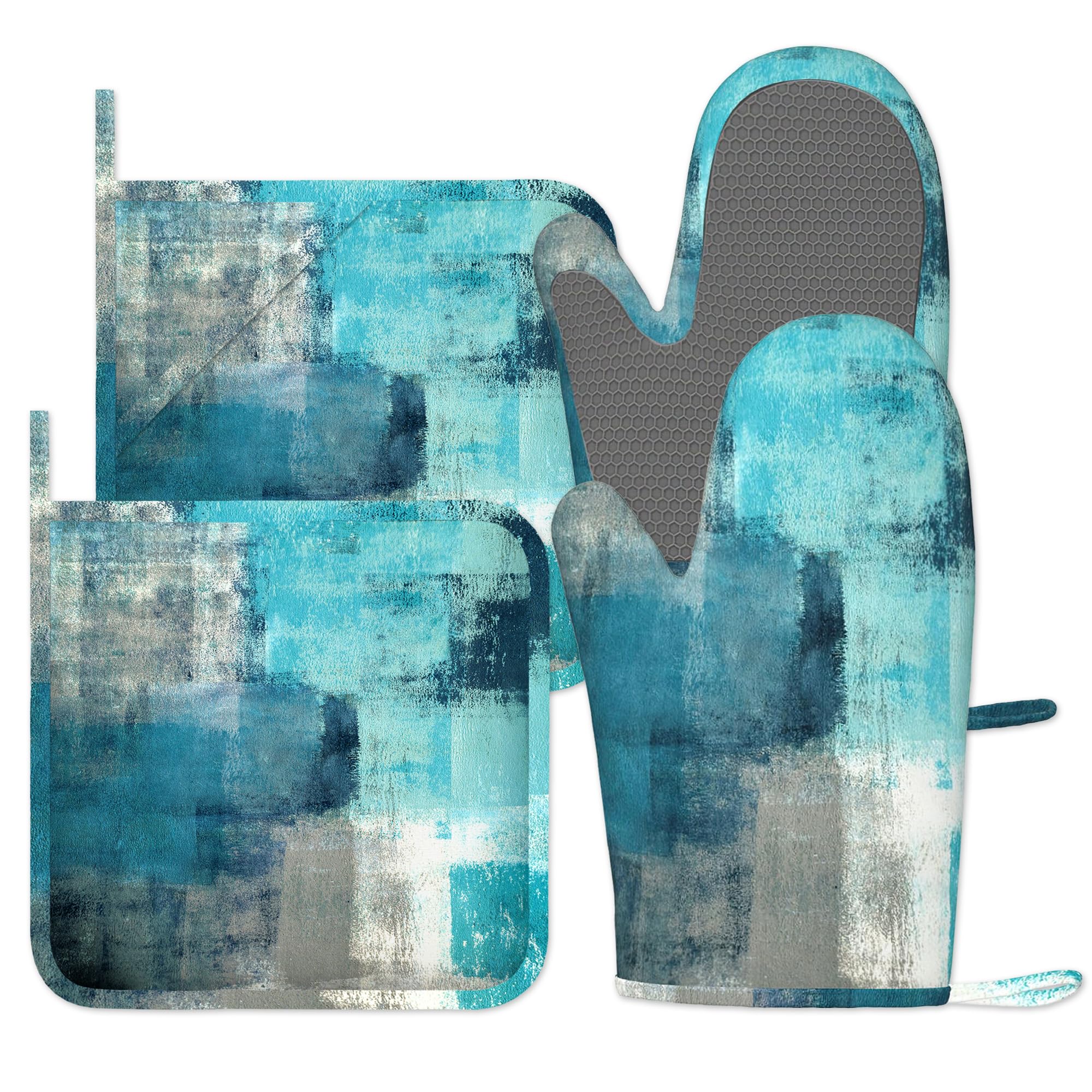Turquoise Grey Oven Gloves, 4pcs Oven Mitts & Pot Holders Heat Resistant and Non-Slip Silicone Gloves for Cooking, Baking, BBQ, Kitchen Decor Gift