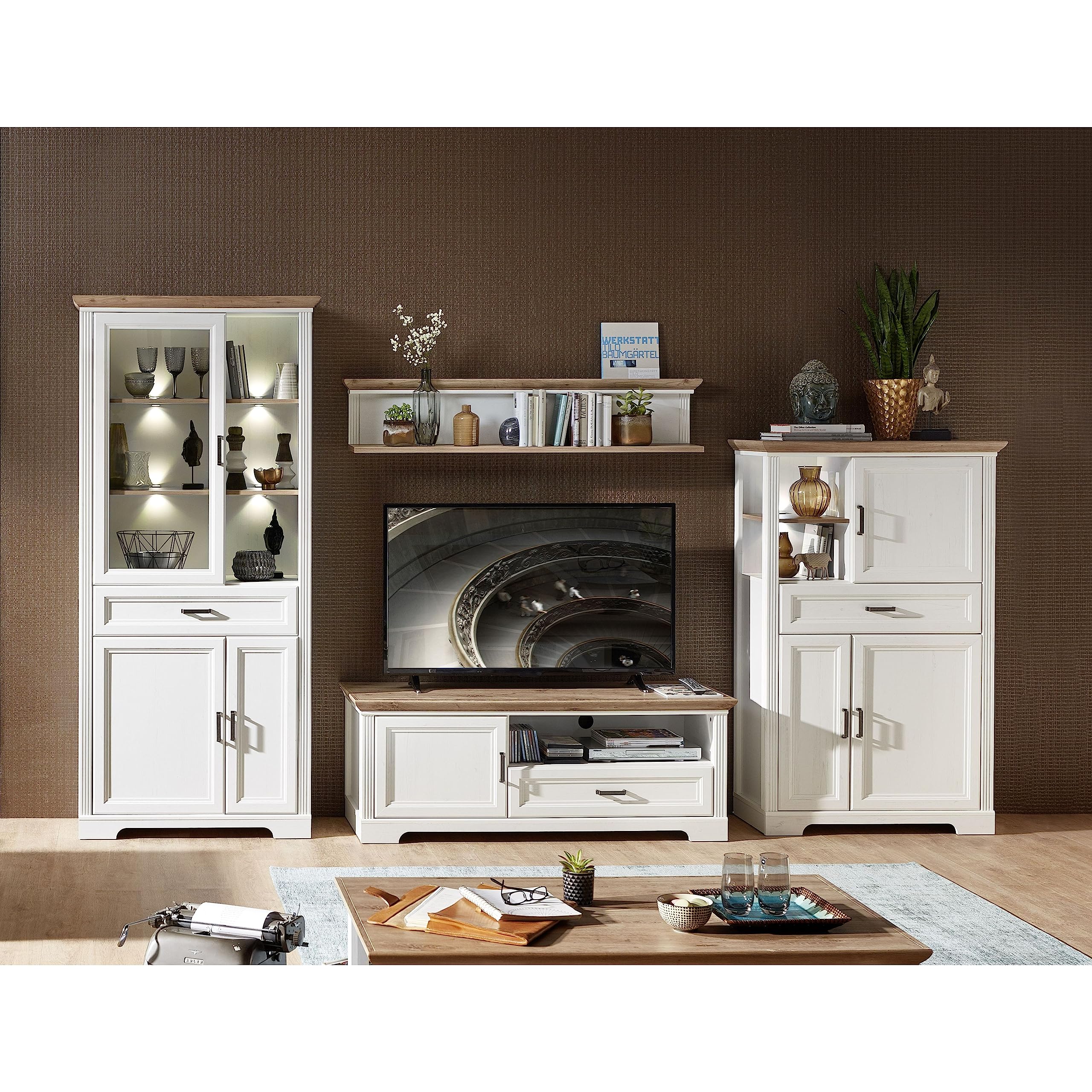 Stella Trading Stauraumelement in Pinie hell, Artisan Eiche Optik - Wohnzimmerschrank mit LED-Beleuchtung und viel Stauraum im Landhausstil - 93 x 150 x 42 cm (B/H/T)