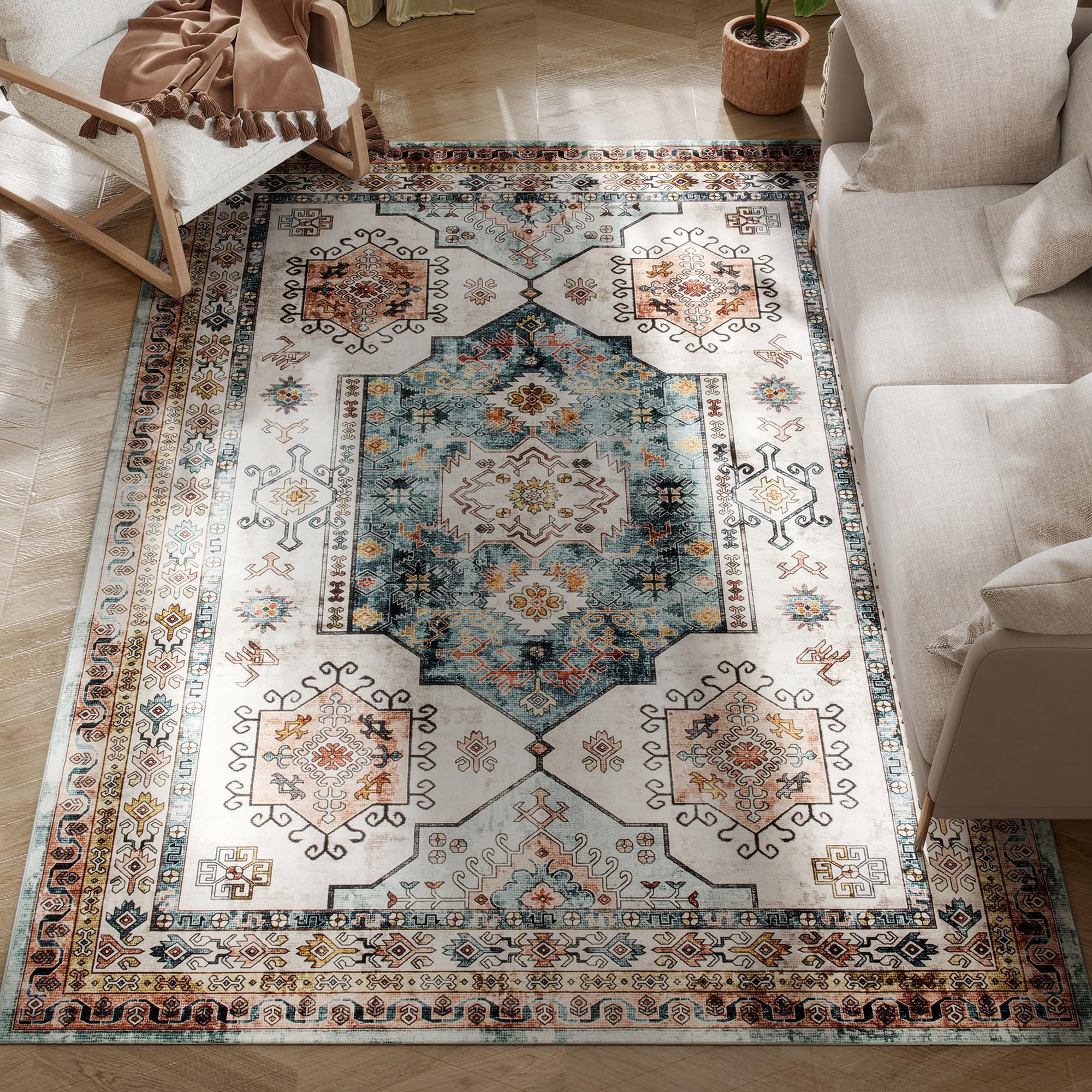 HOMCOM Tappeto Vintage Antiscivolo e Lavabile 230x160 cm Multicolore | Tappeto per Soggiorno e Camera da Letto, a Pelo Corto