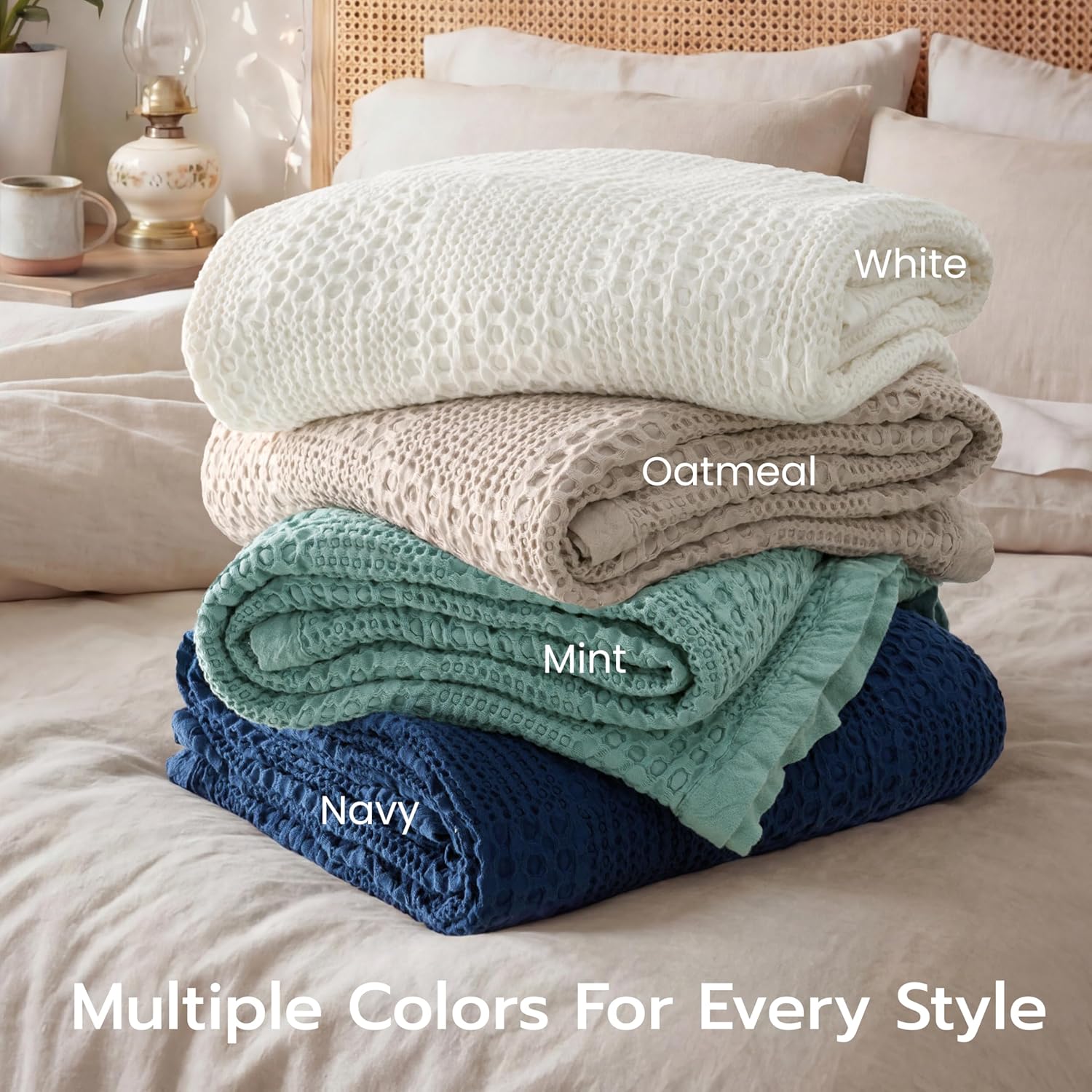 Joiedomi Cooling Waffle Blanket - Turkish Cotton Queen Size Soft White Blanket, Summer Breathable of Rayon Derived from Bamboo for Hot Sleepers, Luxuries Throw for Bed, Couch and Sofa, 90x90 Inches - Image 7