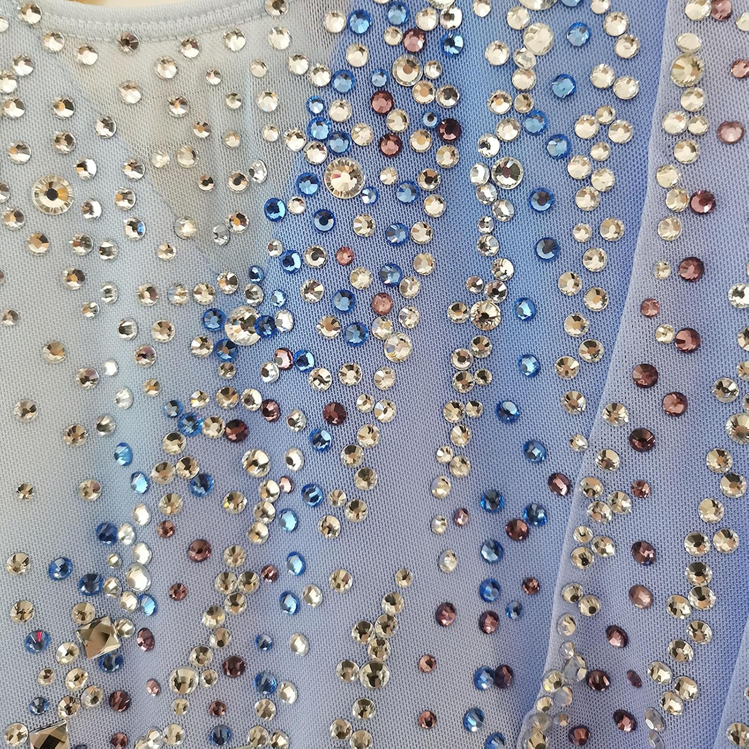 LIUHUO Women's Figure Skating Costume with Blue Gradient, Water Droplets and Long Sleeves