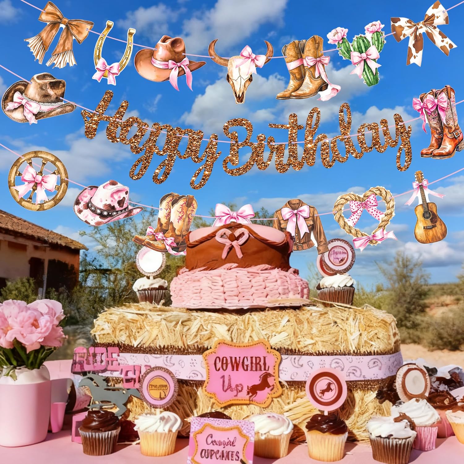 Western Cowgirl Birthday Party Decorations Rodeo Cowgirl Banners 3PCS Glitter Brown Coquette Bow Birthday Decorations Wild West Boots and Bow Banner for Western Favor Baby Shower Supplies - Image 7