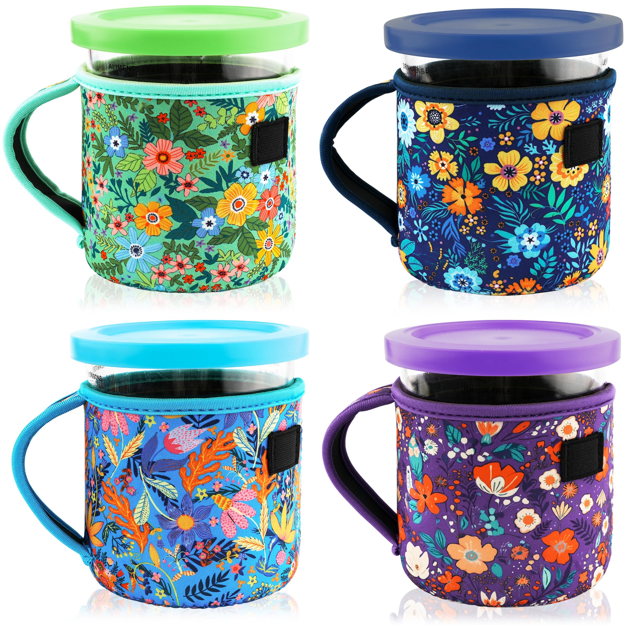 4 Pack Reusable Ice Cream Neoprene Sleeves with Handle,Neoprene Insulated Sleeves for Ninja Creami Pints,16oz 24oz Insulated Sleeves for NC301 NC300