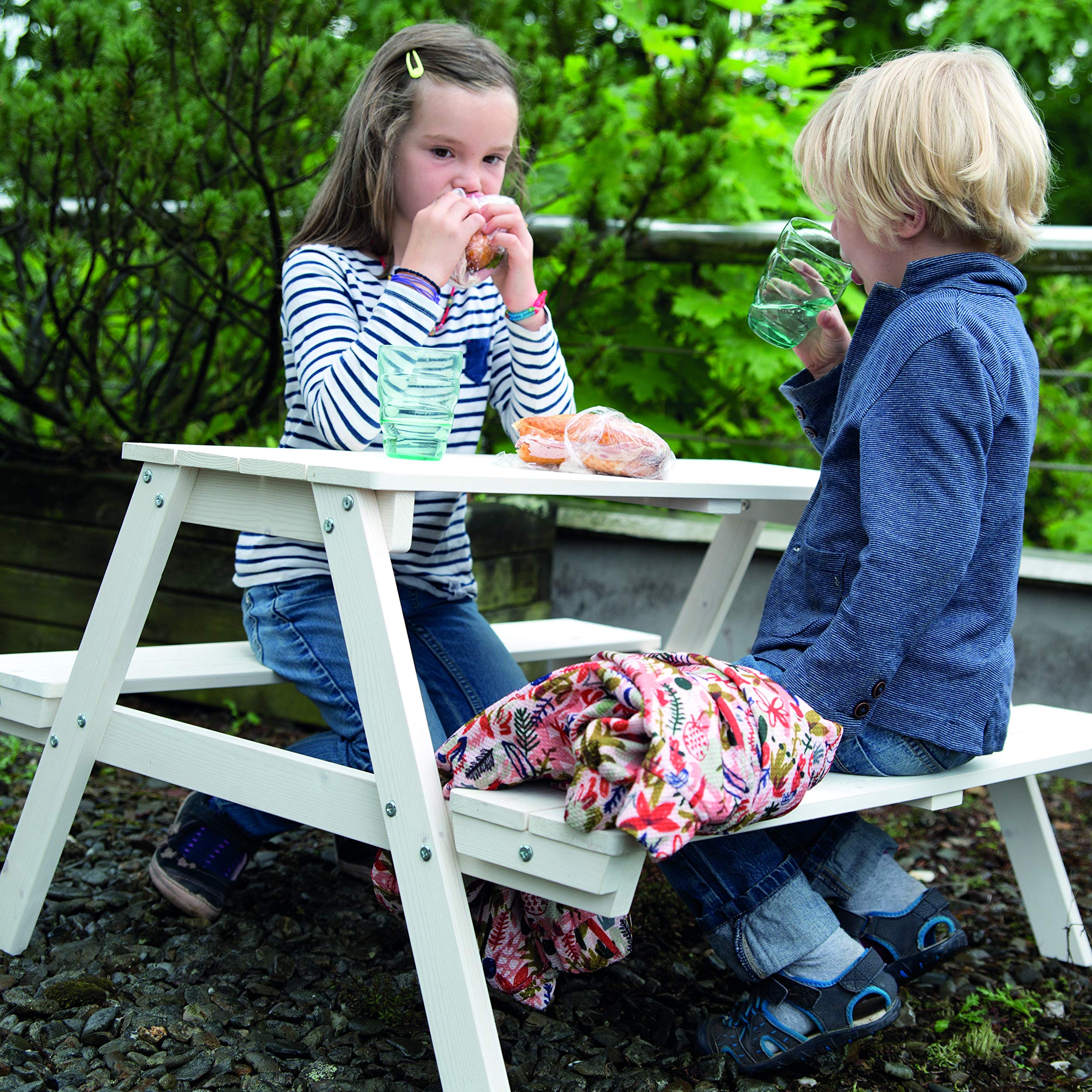 roba Ensemble de Table et Bancs avec Trou de Parasol Picnic for 4 Outdoor+ 4 Places - Bois Massif Résistant aux Intempéries - 89 x 85 cm - Supporte 100 Kg - Teinté Gris