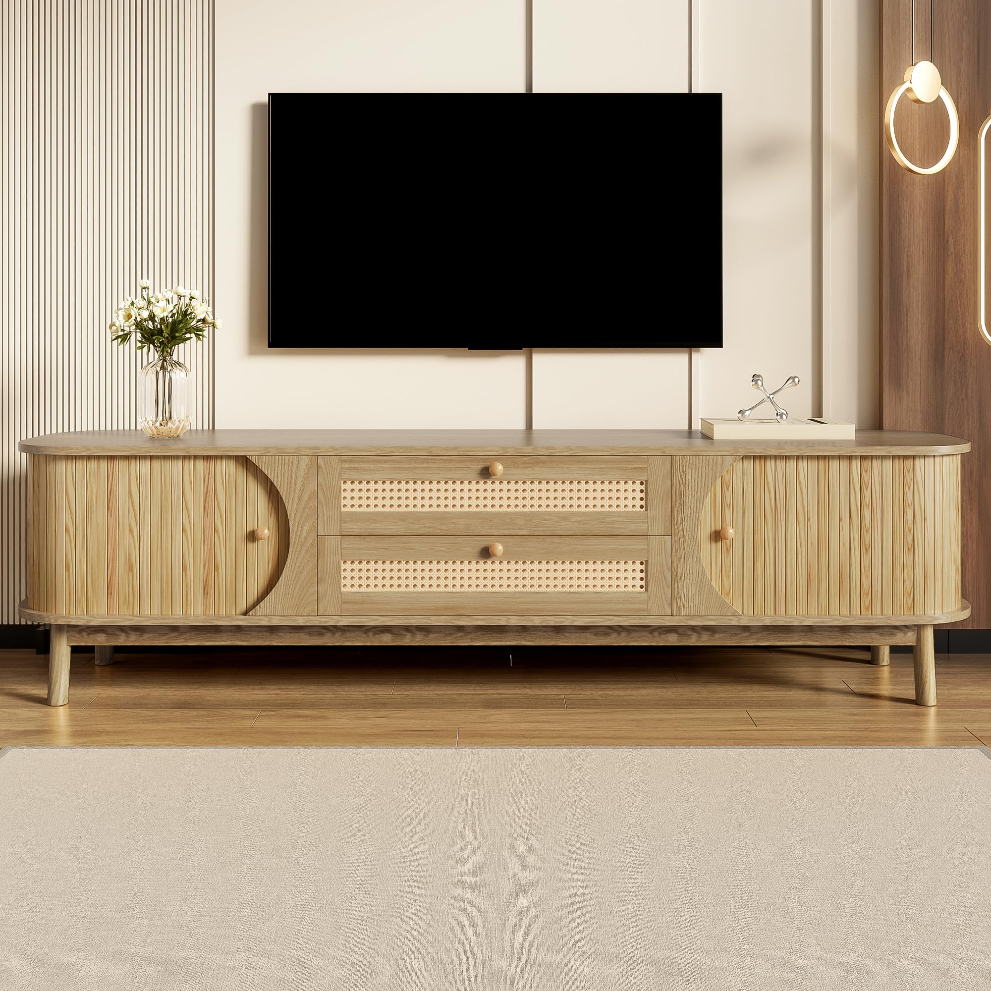 Merax TV cabinet TV Stand Storage Sideboard with 2 Doors and Drawers, Rattan Sides Design, Natural Country Style, rustic Entertainment Center Media Console for TVs, oak color,170Lx39,5Bx46H cm โ image 1