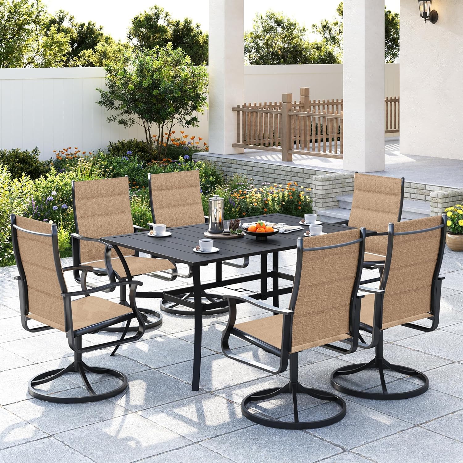 Amopatio 7 Pieces Patio Dining Set for 6, Outdoor Table and Chairs, 6 All Weather Padded Swivel Patio Chairs, 59" Patio Spliced Rectangular Table with Umbrella Hole, for Backyard & Poolside, Brown