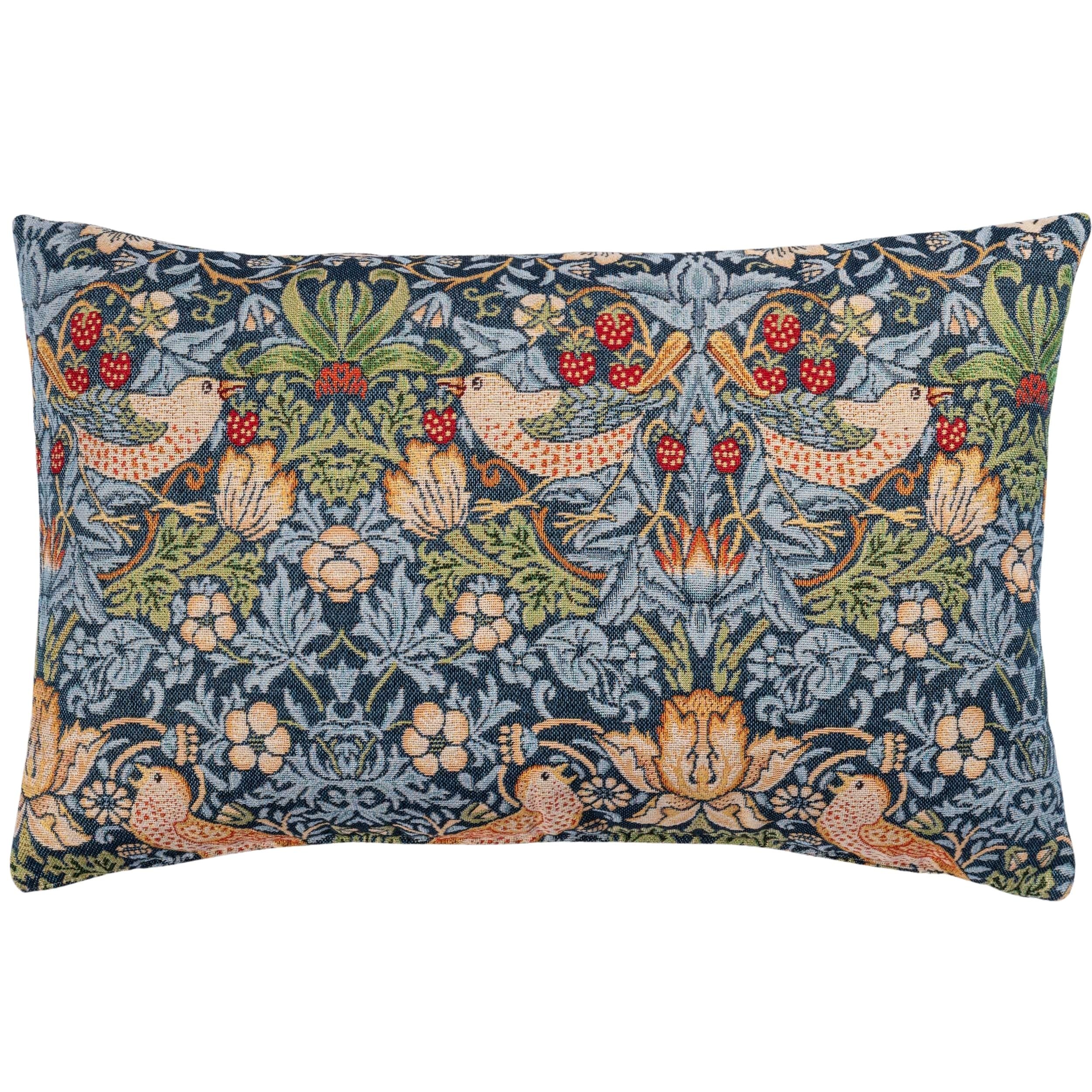 Linen Loft Blue William Morris Strawberry Thief Tapestry Xl Rectangular Cushion Cover In Vintage Arts And Crafts Style With Birds, Berries And Leaves. 23X15 Xl Rectangle Cover Only