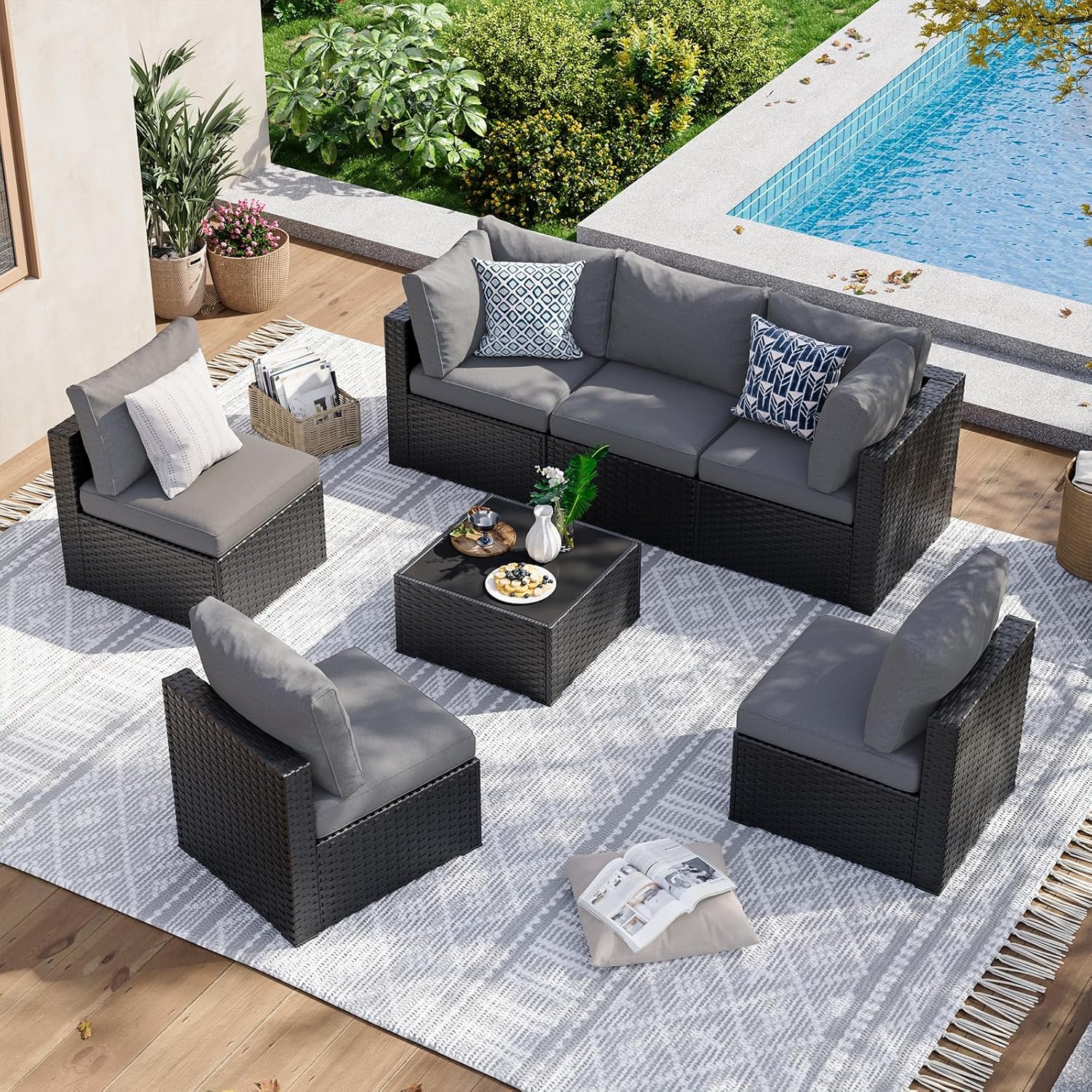 Aoxun 7 Piece Patio Furniture Set Wicker Rattan Patio Sectional Sofa Set Outdoor Seating Furniture with Thickened Cushion, Grey