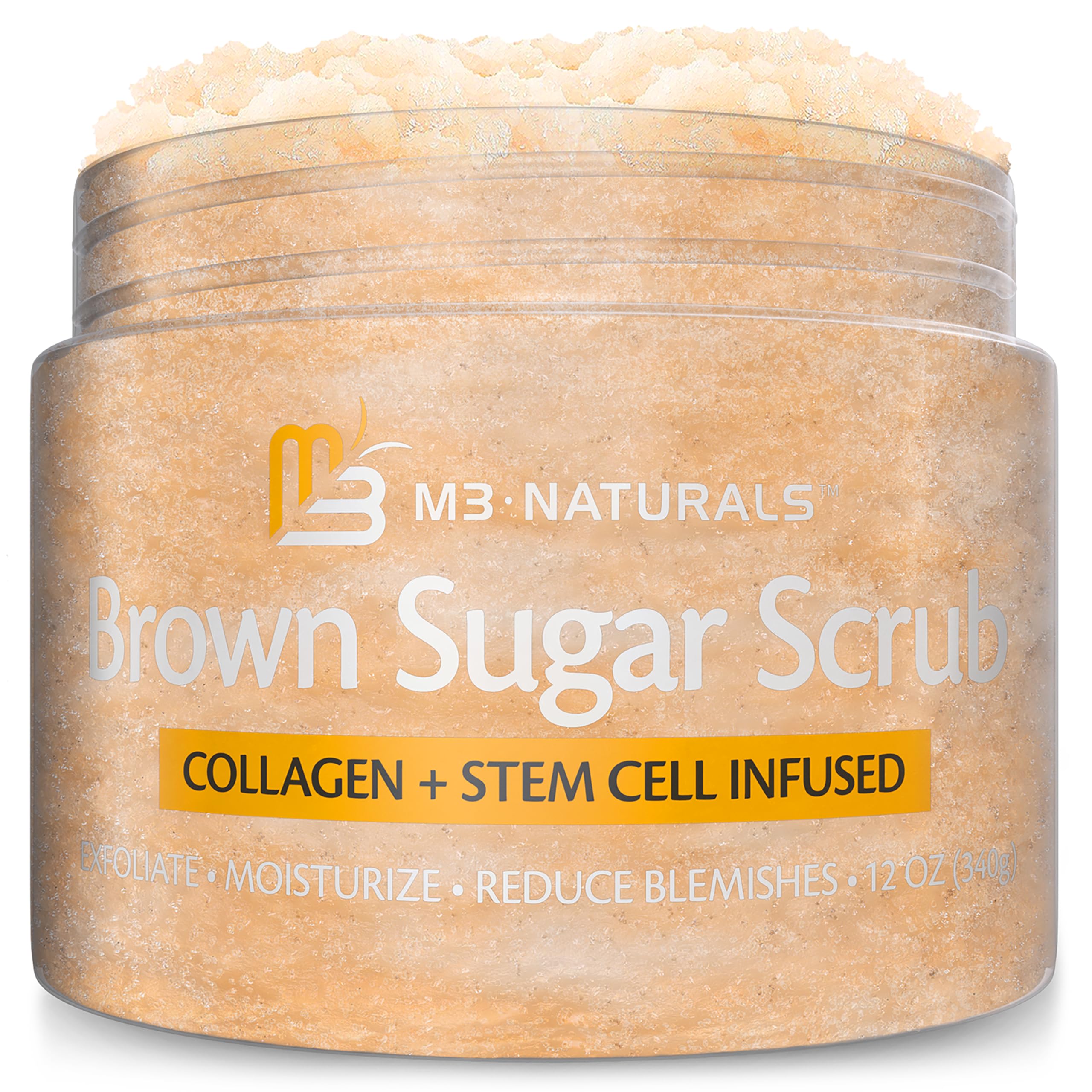 M3 Naturals Brown Sugar Scrub infused with Collagen and Stem Cell All Natural Body and Face Exfoliating Stretch Marks Spider Veins Acne Scars Anti Cellulite Exfoliator Wrinkles Skin Care