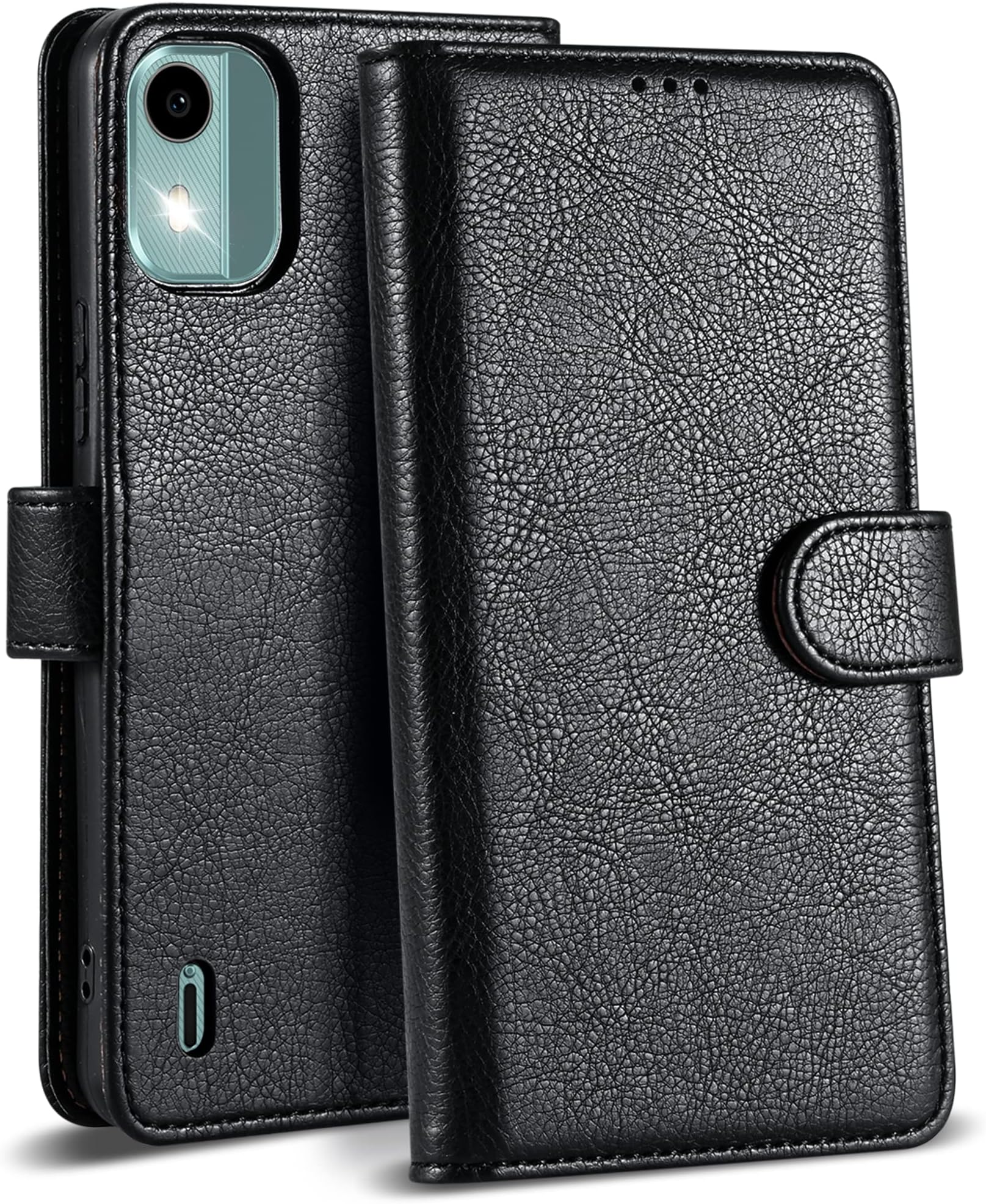 Case Collection for Nokia C12 Phone Case - Premium Leather Folio Flip Cover | RFID-Technology | Kickstand | Money and Card Holder Wallet | Compatible with Nokia C12 Case Black