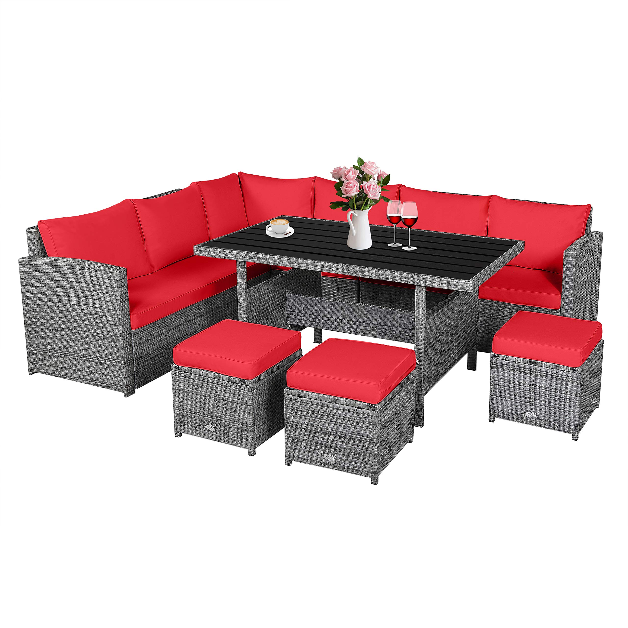 RELAX4LIFE 7 PCS Wicker Patio Furniture Set Outdoor Rattan Sofa Set All Weather with Dining Table & Ottomans Soft Cushions for Backyard Garden Poolside Balcony Sectional Conversation Couch Set (Red)