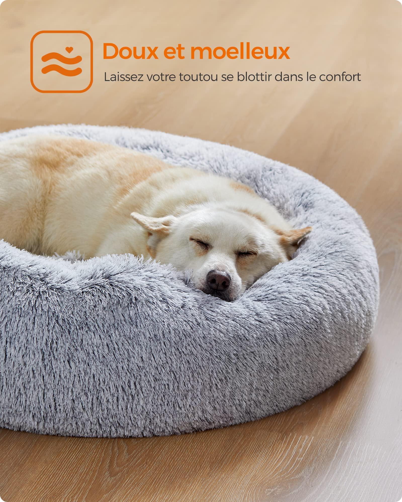 Feandrea donzig hondenbed, kattenmand, donutkussen, wasbaar, uitneembare middenvulling, lang pluche, 80 cm diameter, ombre grijs PGW040G01 Feandrea donzig hondenbed, kattenmand, donutkussen, wasbaar, uitneembare middenvulling, lang pluche, 80 cm diameter, ombre grijs PGW040G01