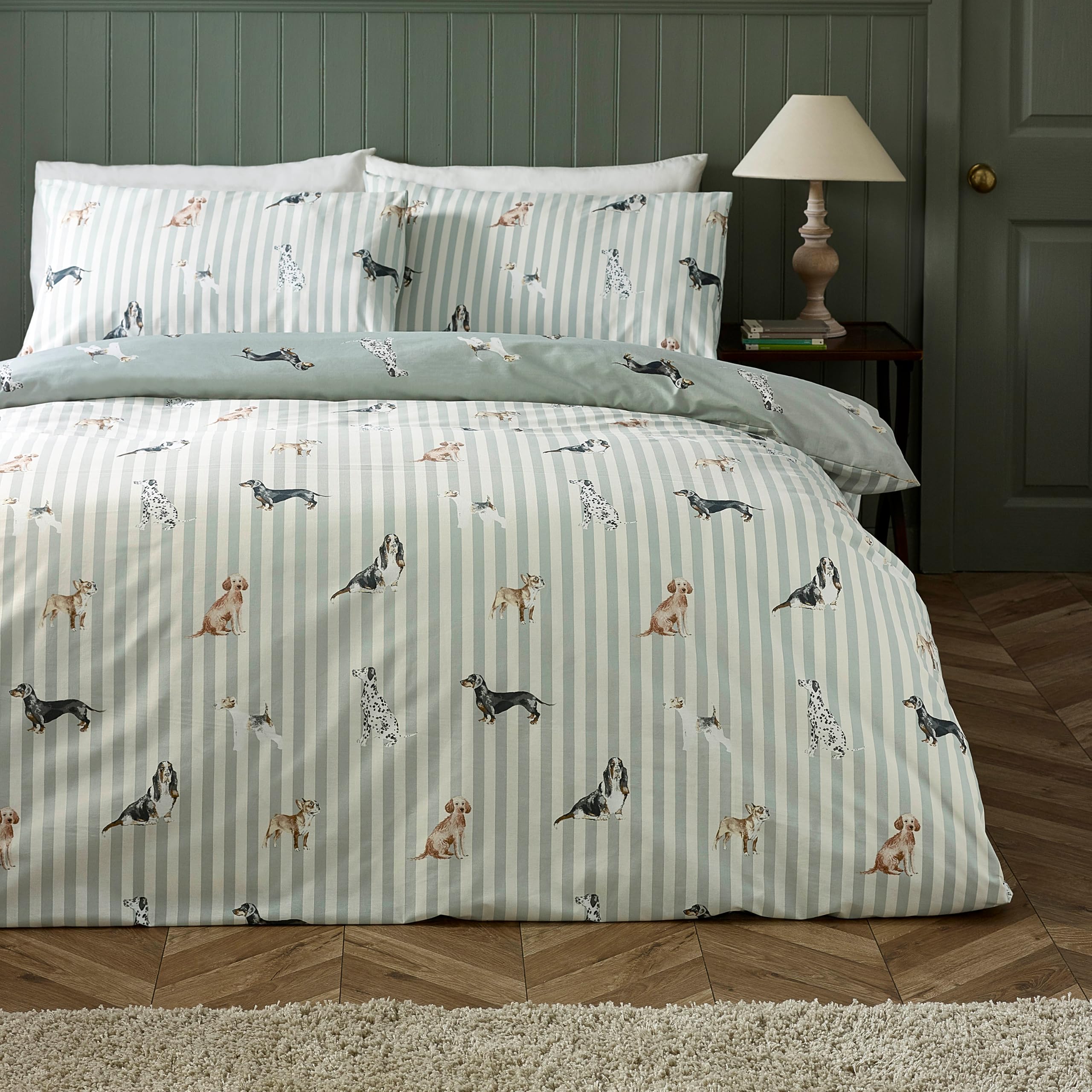 Catherine Lansfield Unisex Green Dog Stripe Reversible Duvet Cover Set In | Size: Single