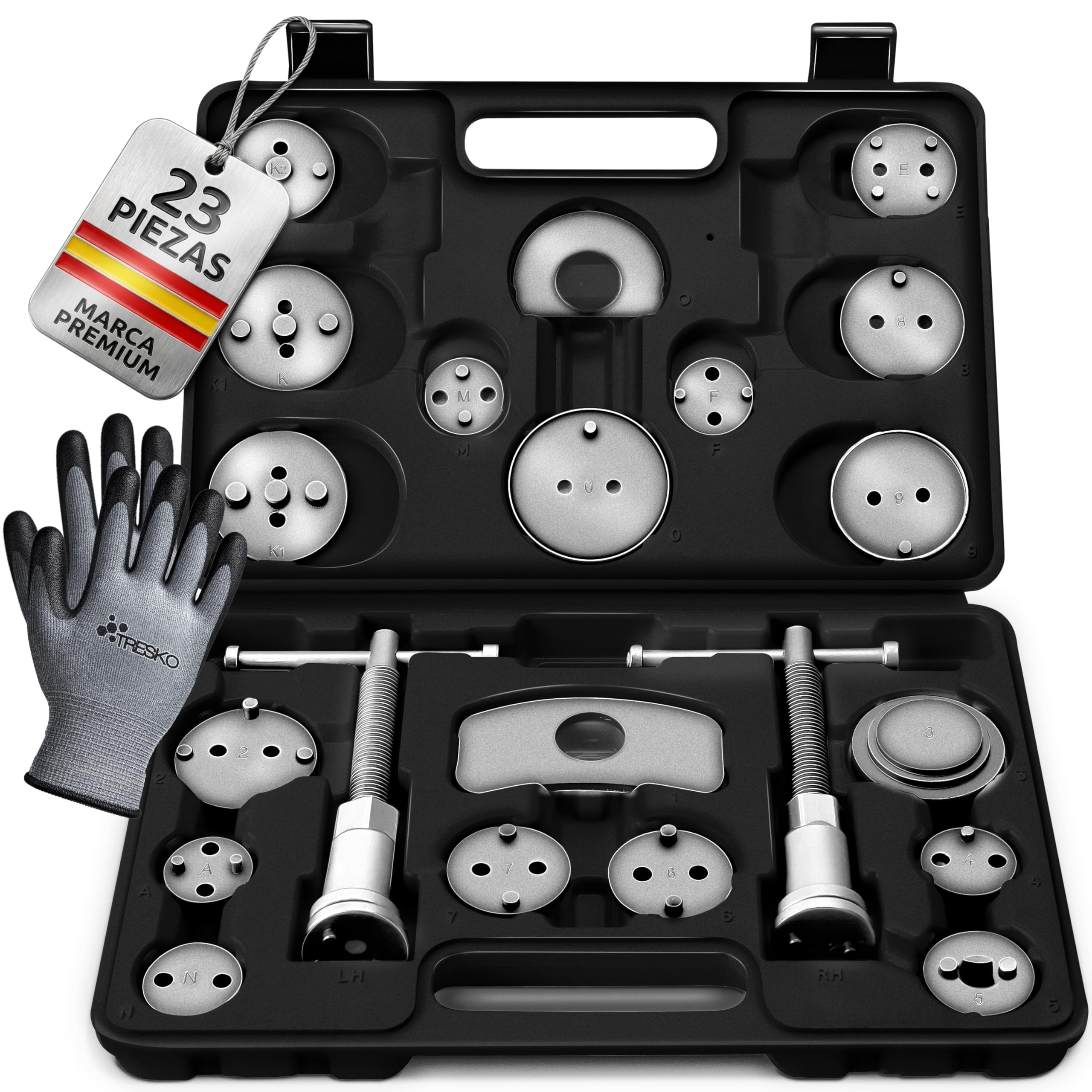 TRESKO® Reposicionador de pistones de Freno 23 Piezas Incl. Guantes para reposicionar el pistón de Freno al Cambiar los Discos, Las Zapatas o Las Pastillas de Freno