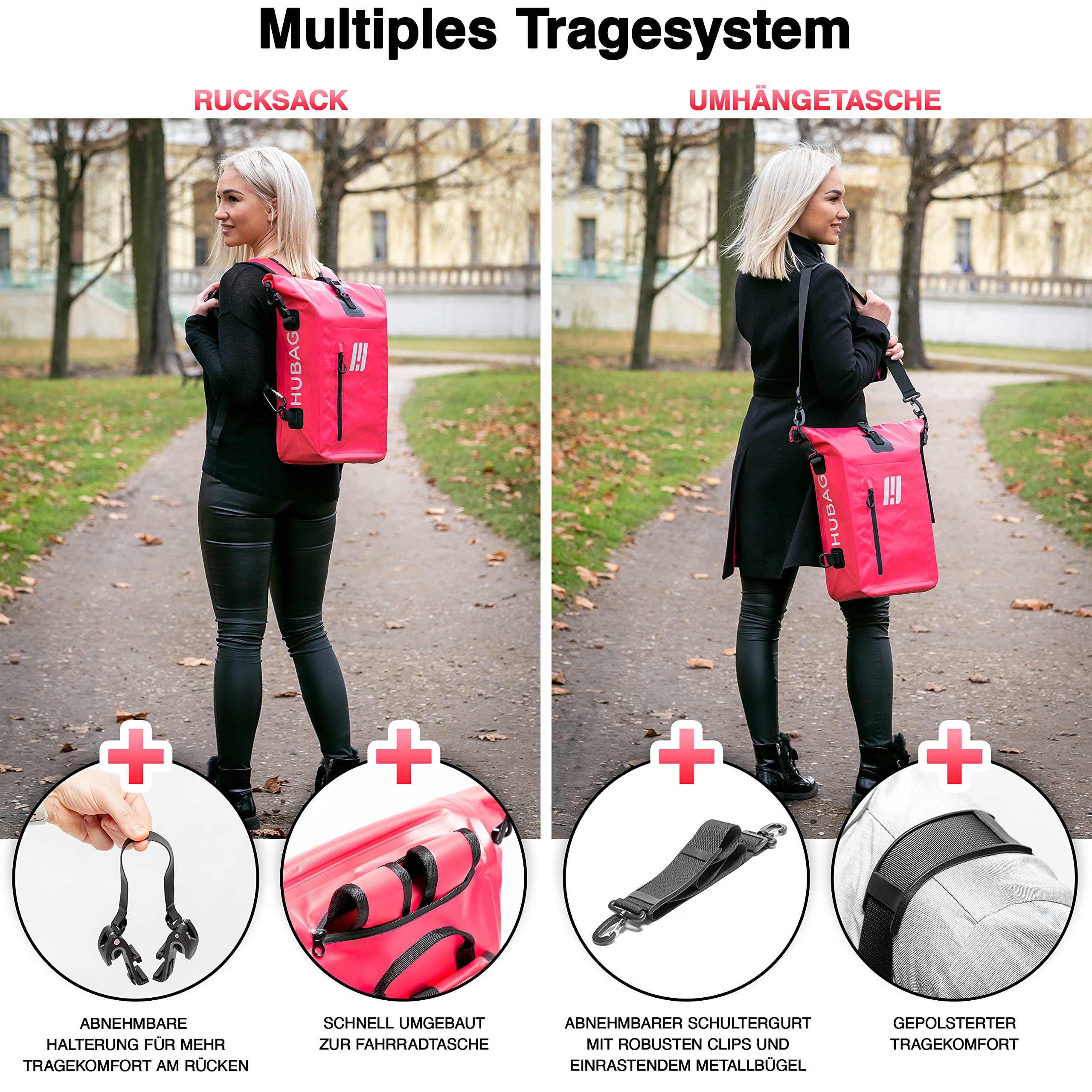 HUBAG 4 in 1 Bike Pannier Bag IPX6 Certified 25L Waterproof Reflective Bicycle Backpack Shoulder Bag and Rack Drying Bag (Rose Red) Sports & Outdoors