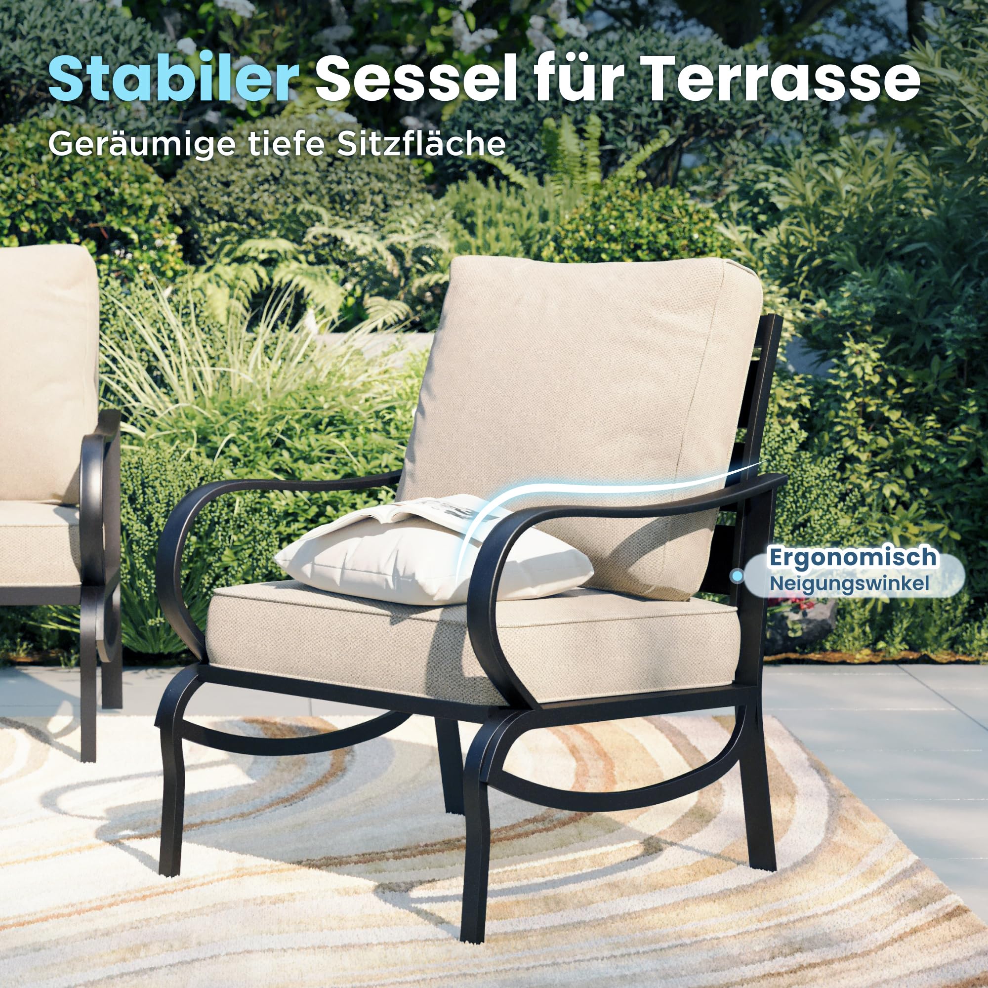 PHI VILLA Gartenmöbelsets 7-Sitzer, 5-teiliges Metall Lounge Möbel Outdoor, Gartenlounge Modulare Terassenmöbel Beige mit 2 Ottomane für Außen, E-Beschichtung Geschmiedeter Rahmen & Dicke Kissen