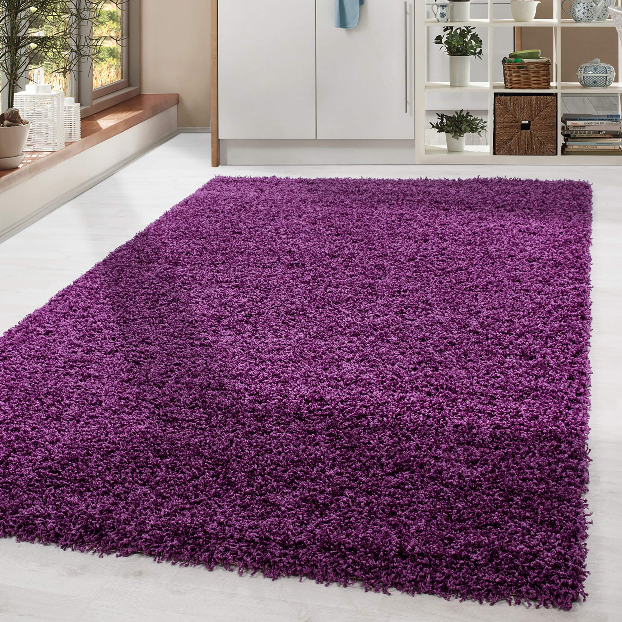 HomebyHome Shaggy Hochflor Teppich, 100x200 cm, Lila, weich, flauschig, modern, einfarbig, Für Schlafzimmer oder Flur, für Wohnzimmer Schlafzimmer Flur