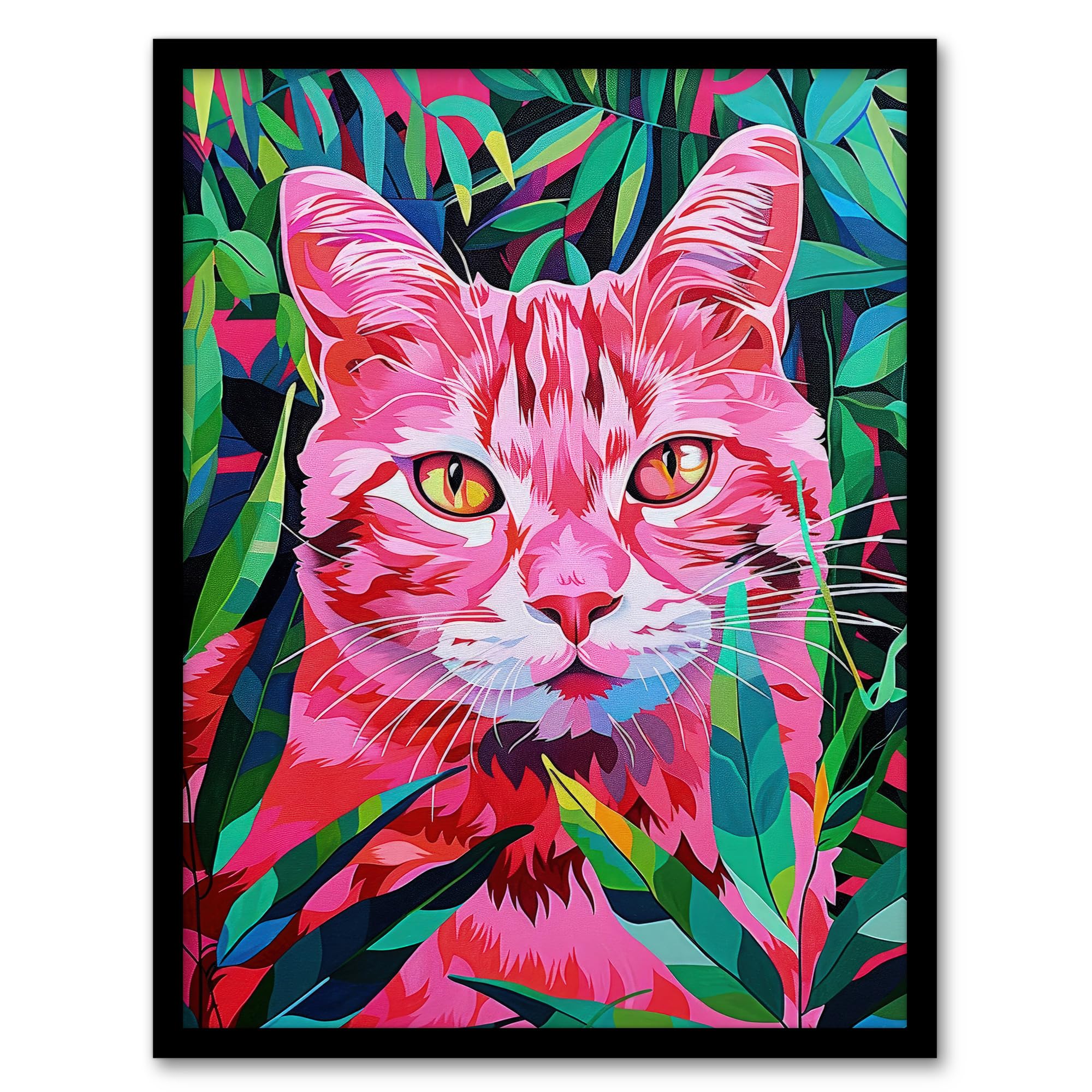 Psychedelic Pink Green Cat Lover Pet Fronds Wall Art Print - Framed Poster - Artery8