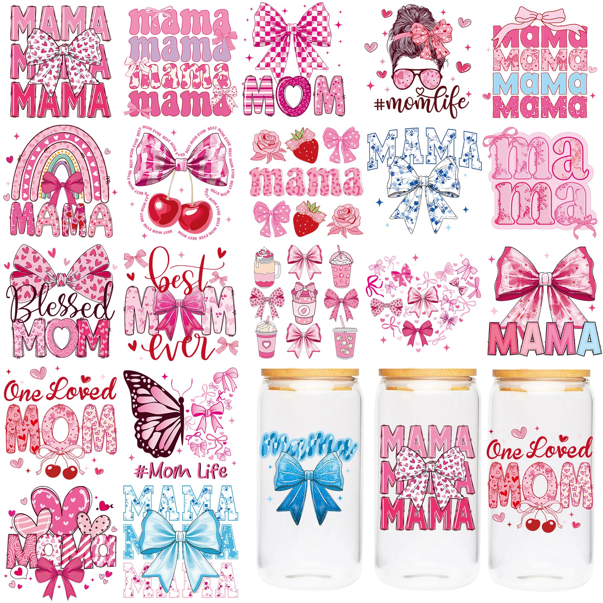 CRASHOT Mom UV DTF Cup Wraps - 20 Sheet Mama UV DTF Transfer Stickers, Pink Bow UVDTF Cup Wraps for Mug Glass, Waterproof Transfer Sticker, Creative DIY Gifts for Mom