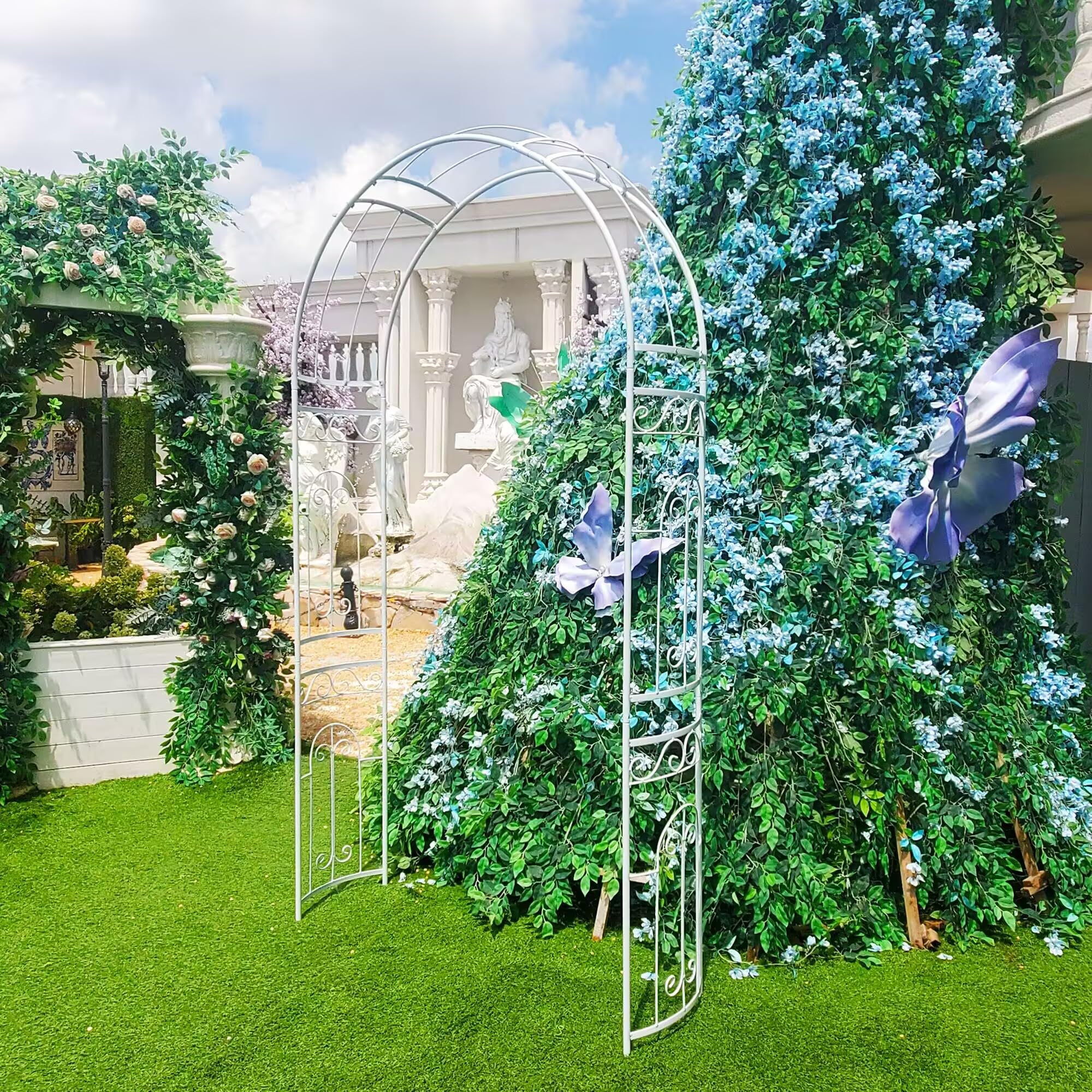 Weiß Rosenlaubengarten 242 x 114 x 35,5 cm Weißes Hochzeitsbogen Gartenbogen Metallbogen mit Eleganter Kurve für Kletterpflanzen, Rosen, Reben, Rasen, Garten, Patio, Outdoor-Zeremonie
