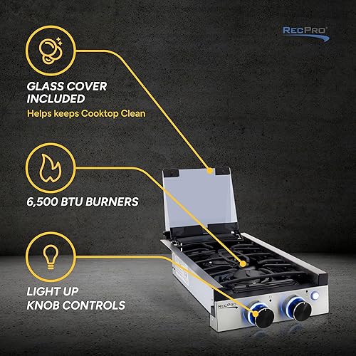 Miniatura 3 de RecPro Placa de cocina de gas integrada para caravana, 2 quemadores o 3 quemadores, estufa de cocina RV  Quemadores de 6,500 y 8,000 BTU  Cubierta