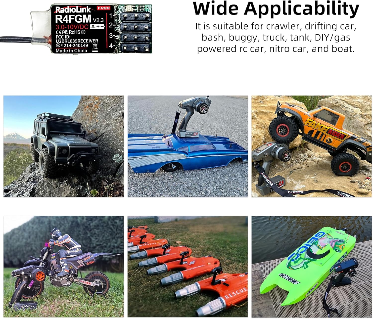 Radiolink 2.4Ghz R4FGM V2.3 RC Receivers 2pcs 4 Channels Integrated Gyro, Mini Size Receiver for 1:28 Scale Car/Boat, Works for Remote RC8X/RC4GS V3/RC6GS V3/T8S/T8FB/T12D/T16D