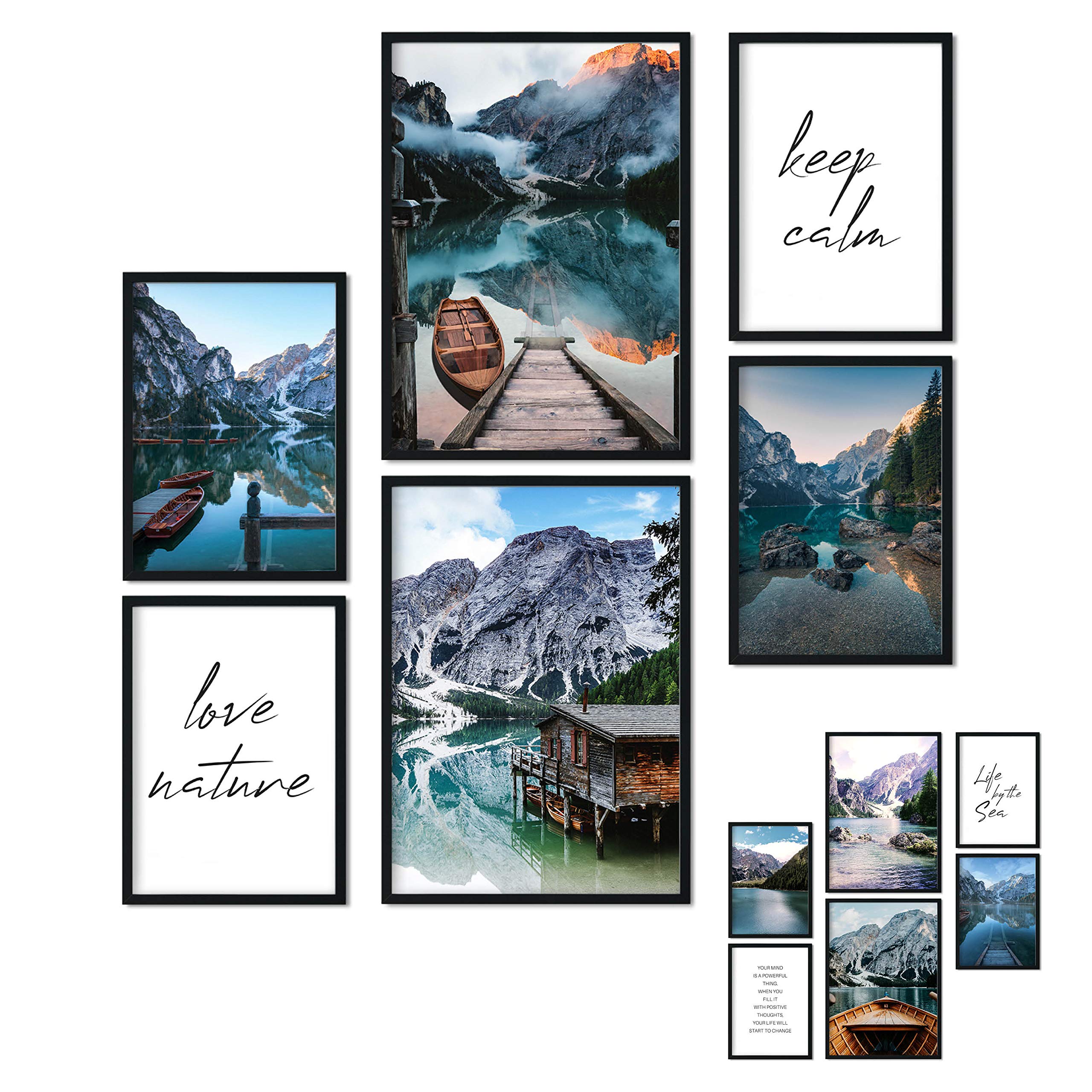Poster 6er Set Beidseitige Bilder - Stilvolle Home Deko für Schlafzimmer und Wohnzimmer | Poster Vintage Set Traumfänger Boho A3 | A4 (Bergsee, A4 | A5 in Holzrahmen (schwarz))