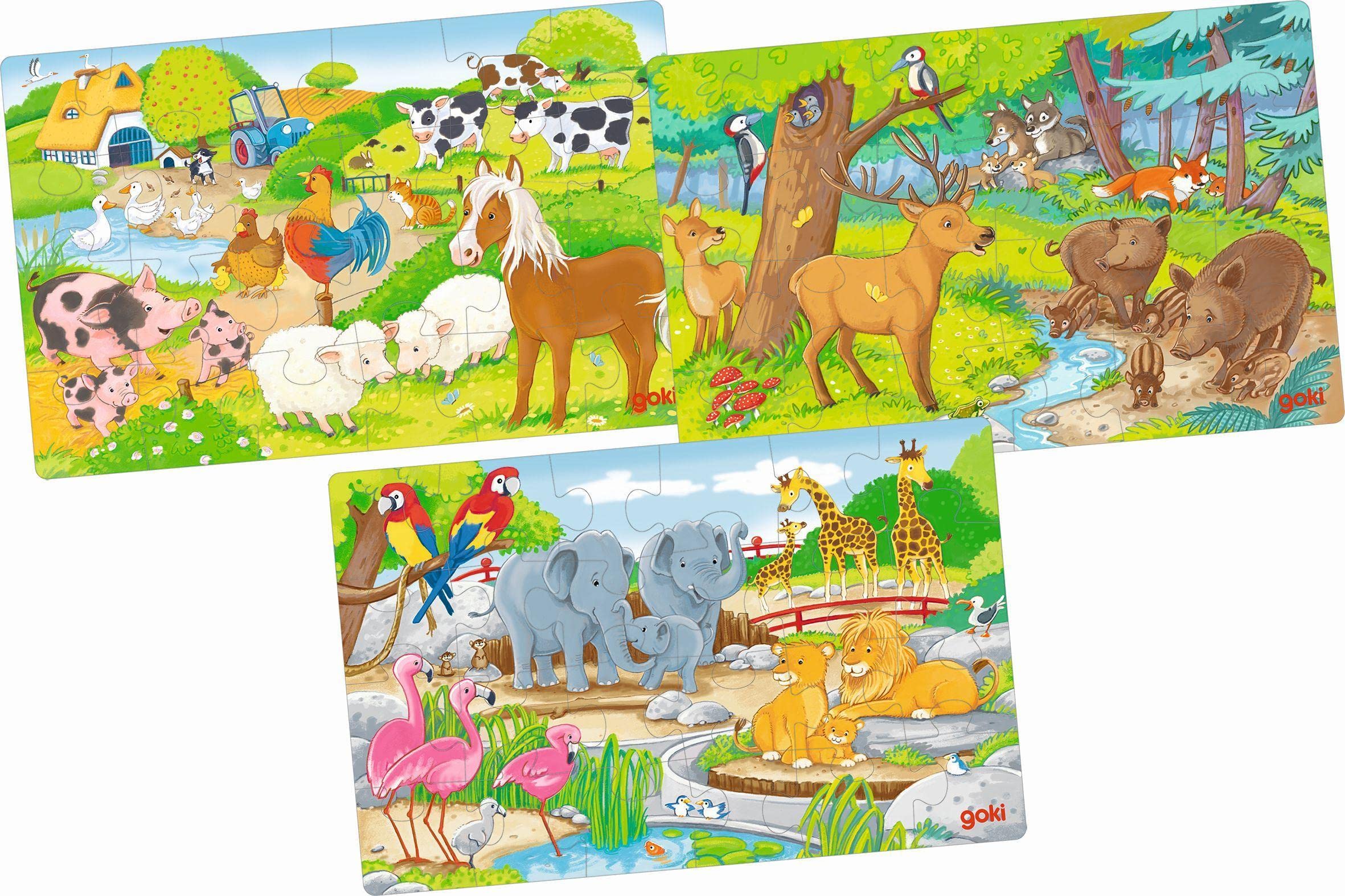 goki 57377 Wooden Puzzles Animals 3 Different Designs with Animals with Forest Animals Zoo Animals and Farm Animals