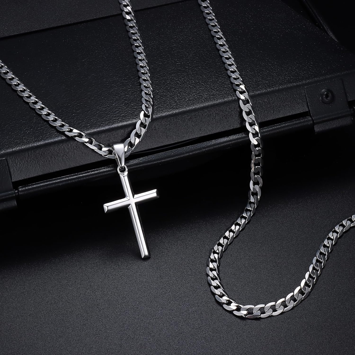 Besteel 925 Sterling Silver Cross Necklace Beveled Edge for Men Women 5mm Stainless Steel Non Tarnish Durable Cuban Link Curb Chain Crucifix Pendant Necklace Jewelry 16-30 Inches Christian Baptism Gifts - Image 7