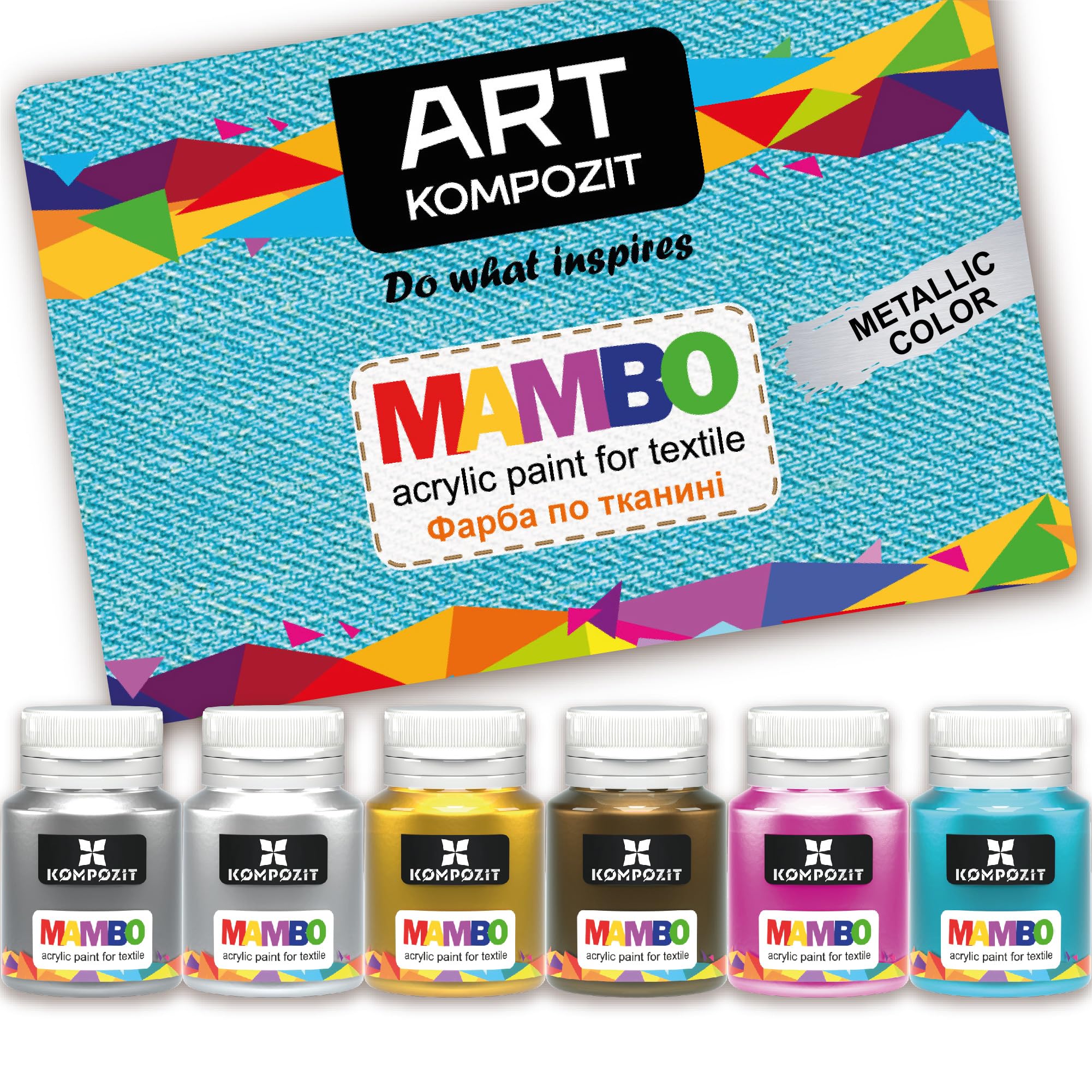 Metallic Acrylic Fabric Paint Set for Clothes Permanent. Colors 6x20 ml (0.68 Fl Oz). For Leather, T-shirt, Shoe, Upholstery, Furniture Non-Toxic, Long-Lasting, Waterproof