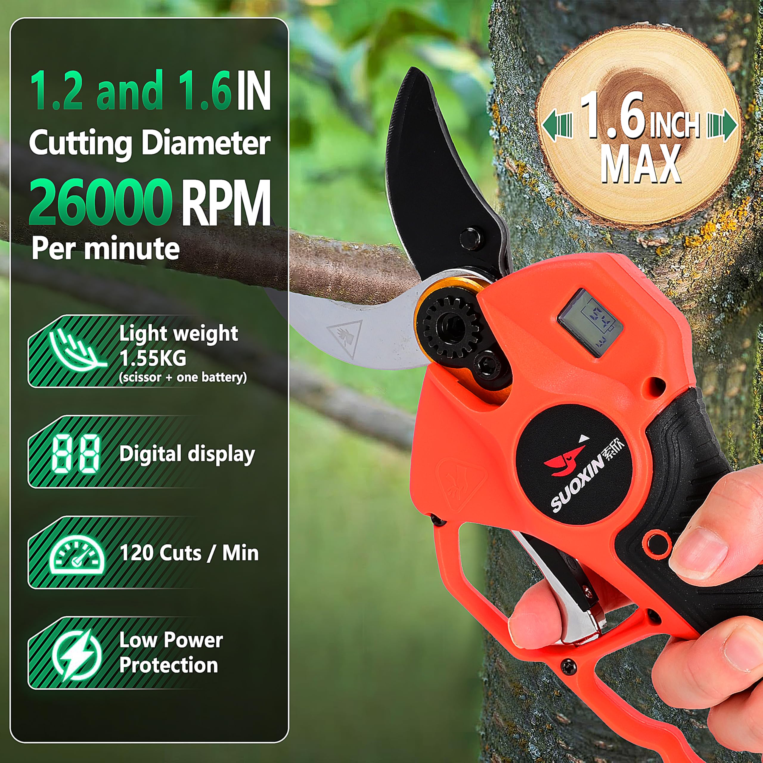 Tijeras de Podar Eléctricas Inalámbricas Suoxin 2 en 1 con Poste Telescópico Plegable de 1.9 m, Hoja SK5, Corte de 1.6", Pantalla LCD, 2 Baterías de 4Ah para Jardín