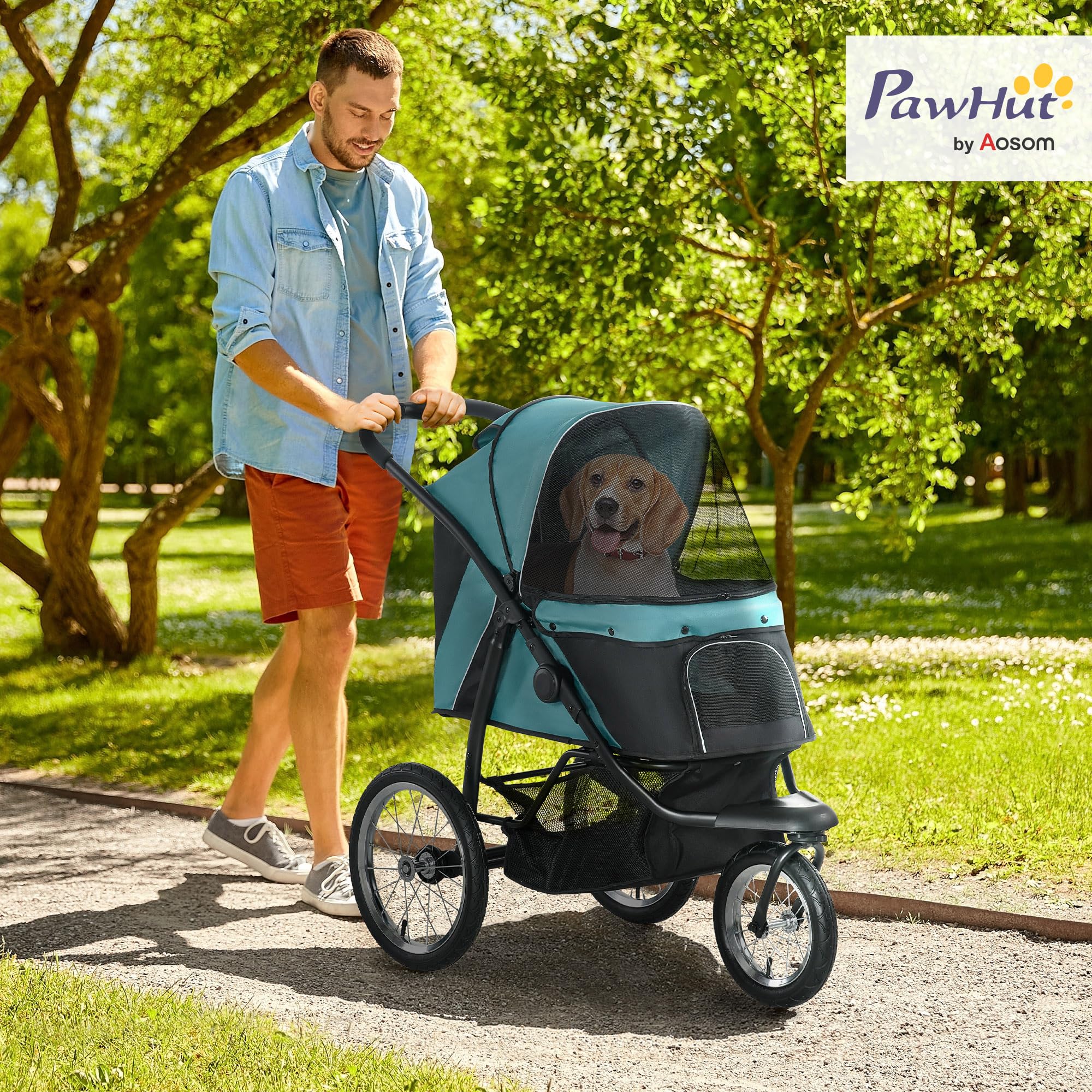 PawHut silla de paseo plegable para perros y gatos de hasta 20 kg silla de paseo para gatos con ruedas de goma todo terreno cojines ventanas de malla puertas silla de paseo para gatos con cesta de