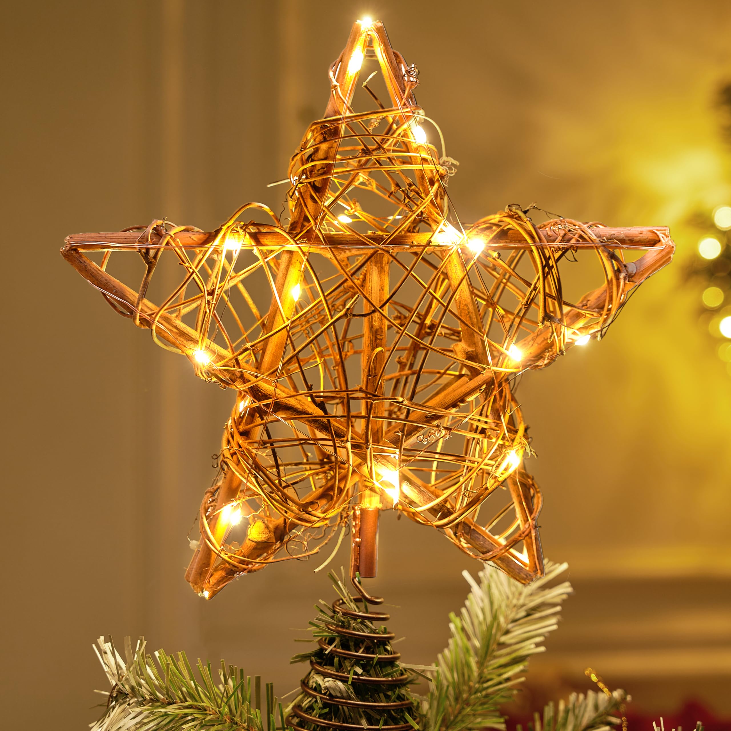 Joiedomi 8 Inch Christmas Tree Toppers, 30 LED Rustic Rattan Star Lighted for Xmas Decorations, Holiday Party Indoor Decor