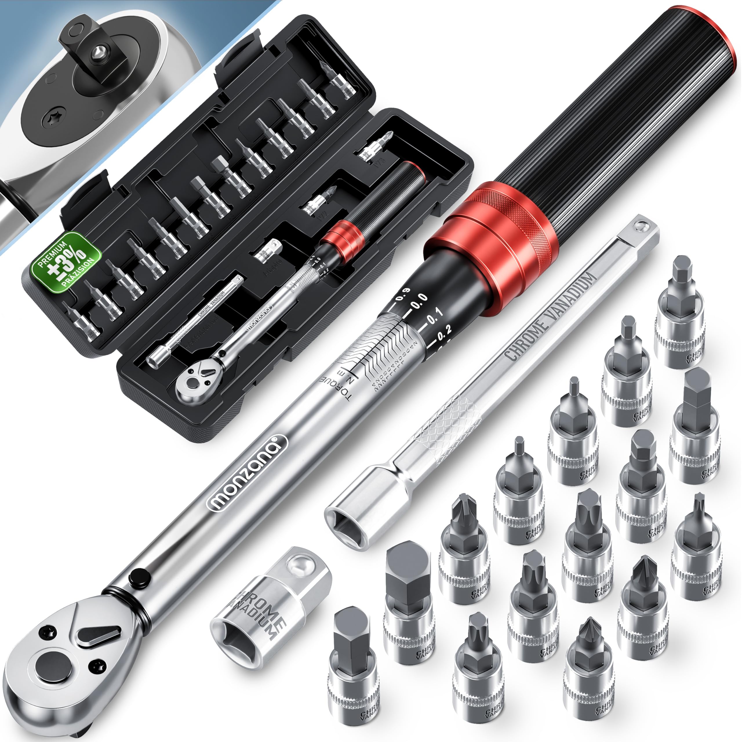Monzana® Bicycle Torque Wrench Set 1/4 Inch 1-25Nm ±3% - Bike Torque Wrench Kit with Hex, Torx & PZ Bits, Cycling Tool Kit for MTB, Road Bike Maintenance, Adjustable Click with Case