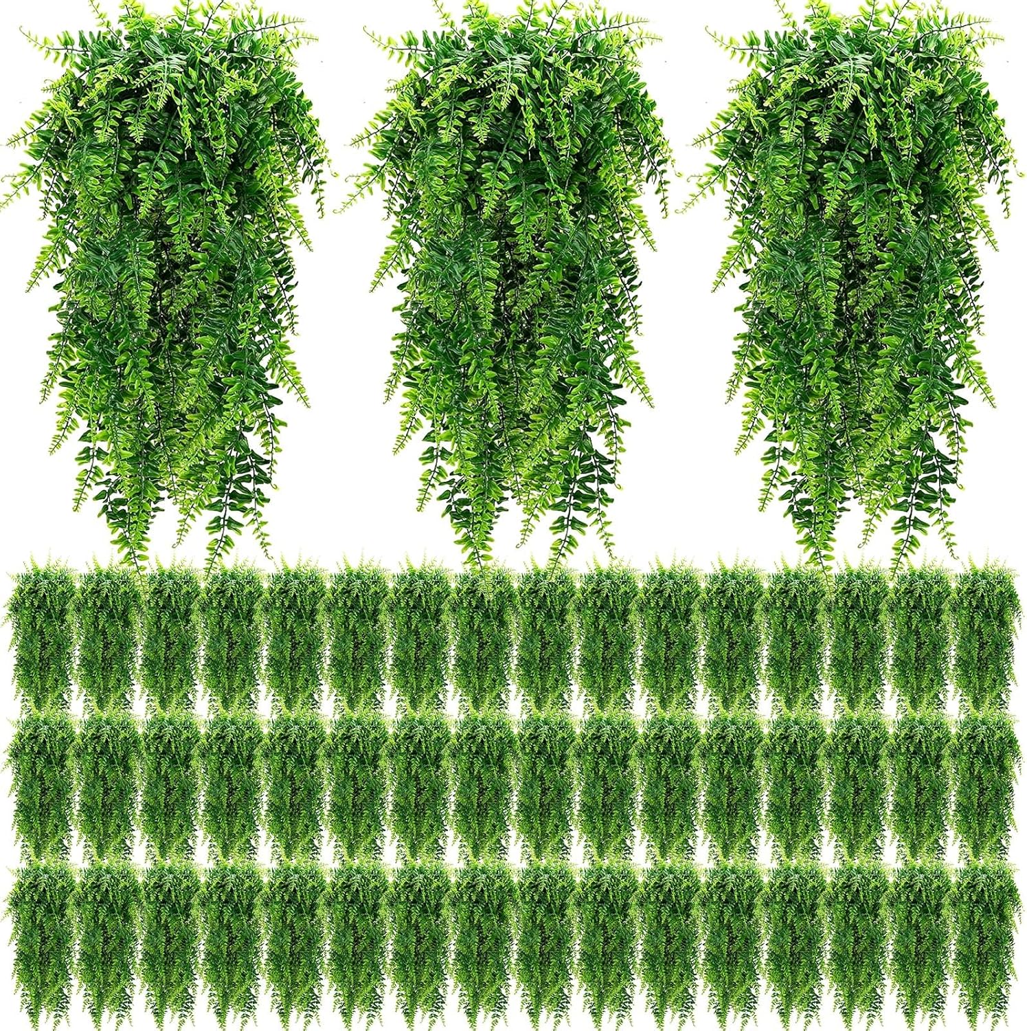 Geosar 96 Pcs Artificial Hanging Plants 32 Inch Hanging Boston Ferns Plastic Fake Plants for Wall Room Garden Wedding Garland Indoor Outdoor Decoration, No Basket
