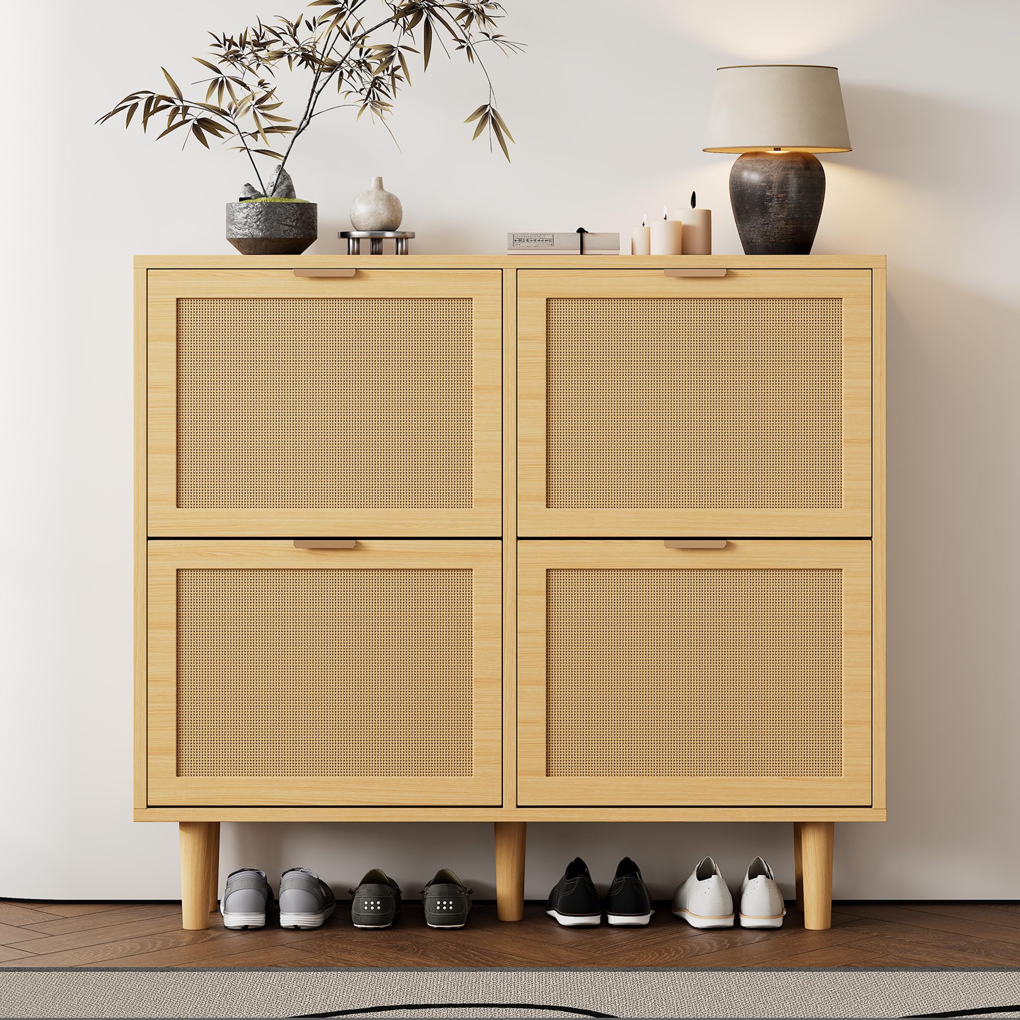 Zapatero con 4 cajones plegables, de ratán, con asas de metal, zapatero para pasillo, dormitorio, apartamento, muebles de madera, estilo rústico