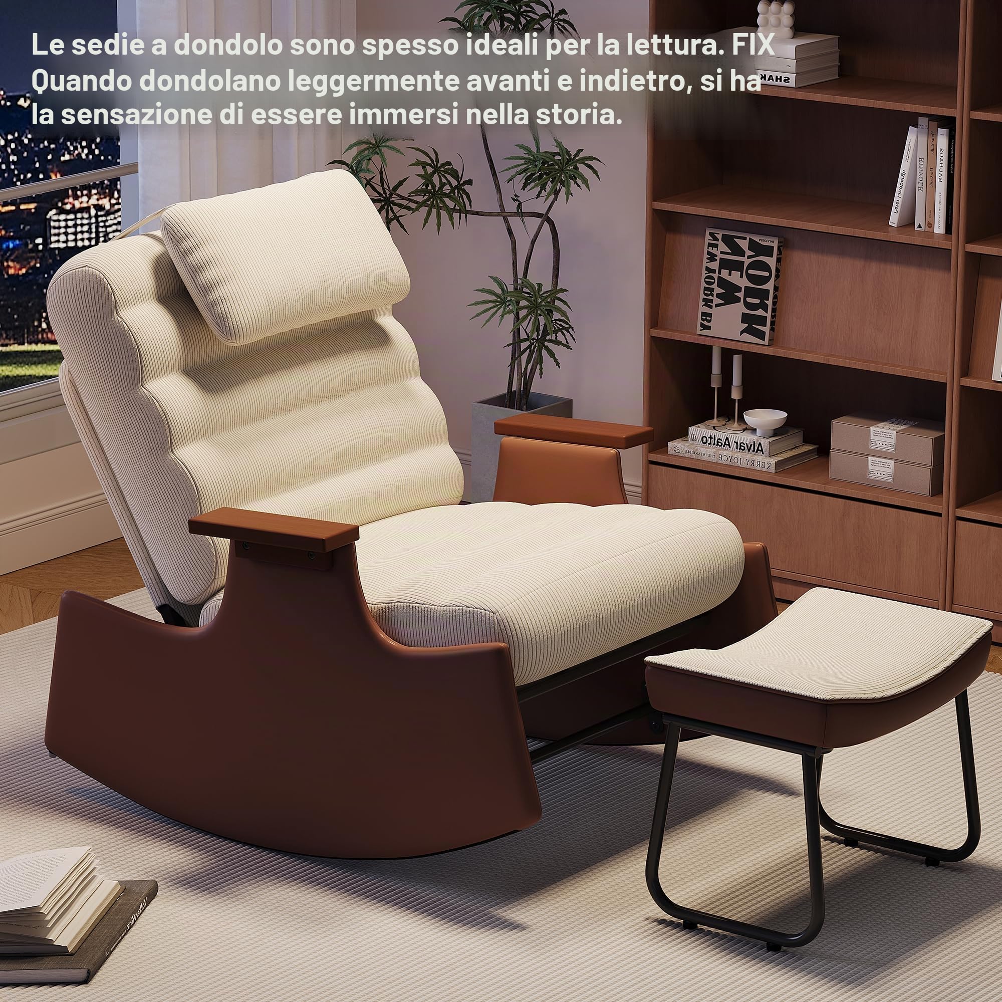 Sedia a dondolo con sgabello, beige, poltrona a dondolo con poggiapiedi e 3 schienali regolabili, poltrona imbottita con braccioli e poggiatesta, sedia relax per soggiorno, moderna, in pelle di