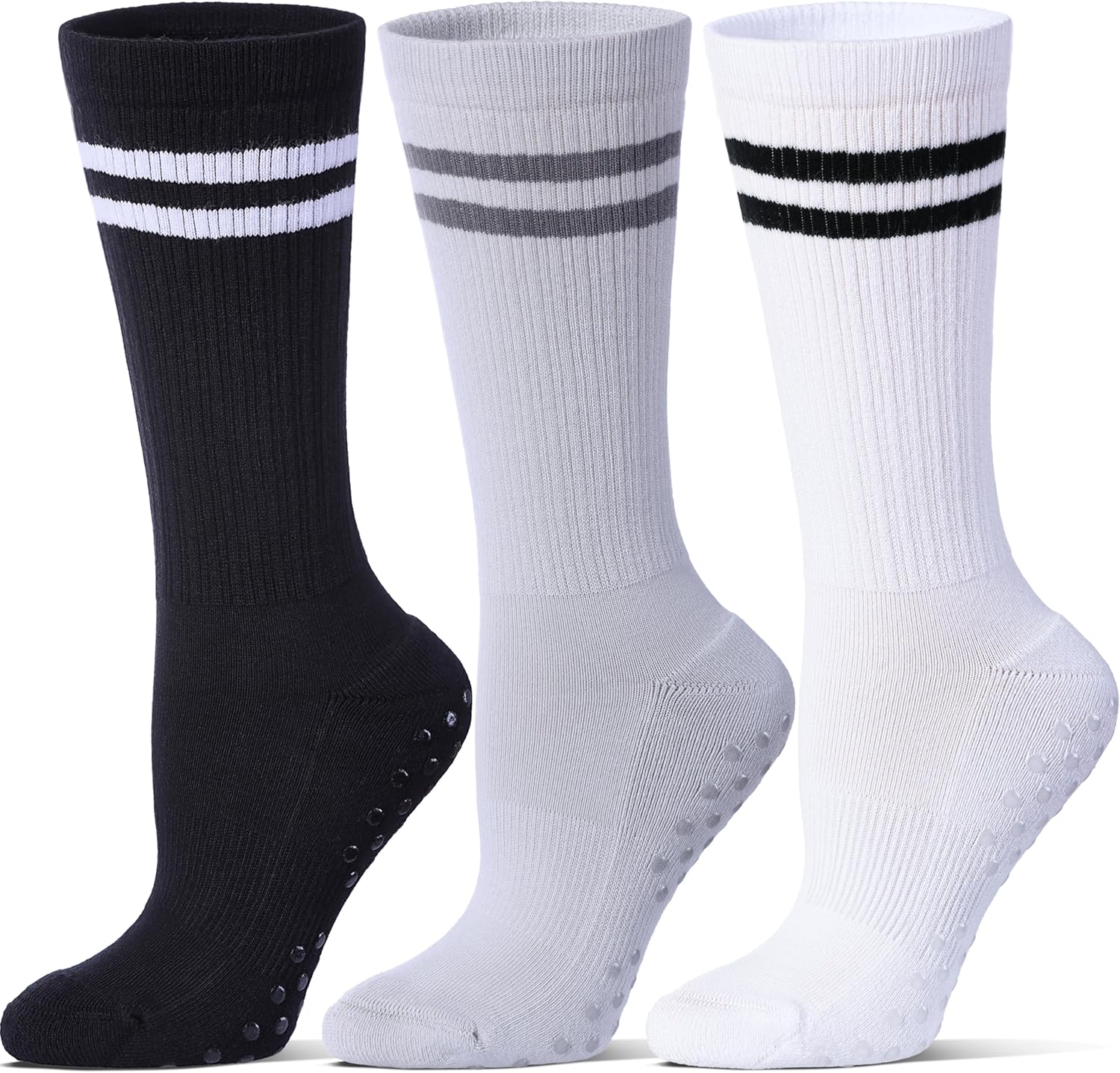Pilates Grip Socks for Women,Striped Yoga Non Slip Cushioned Long Socks for Barre, Dance, Workout 3 Pairs