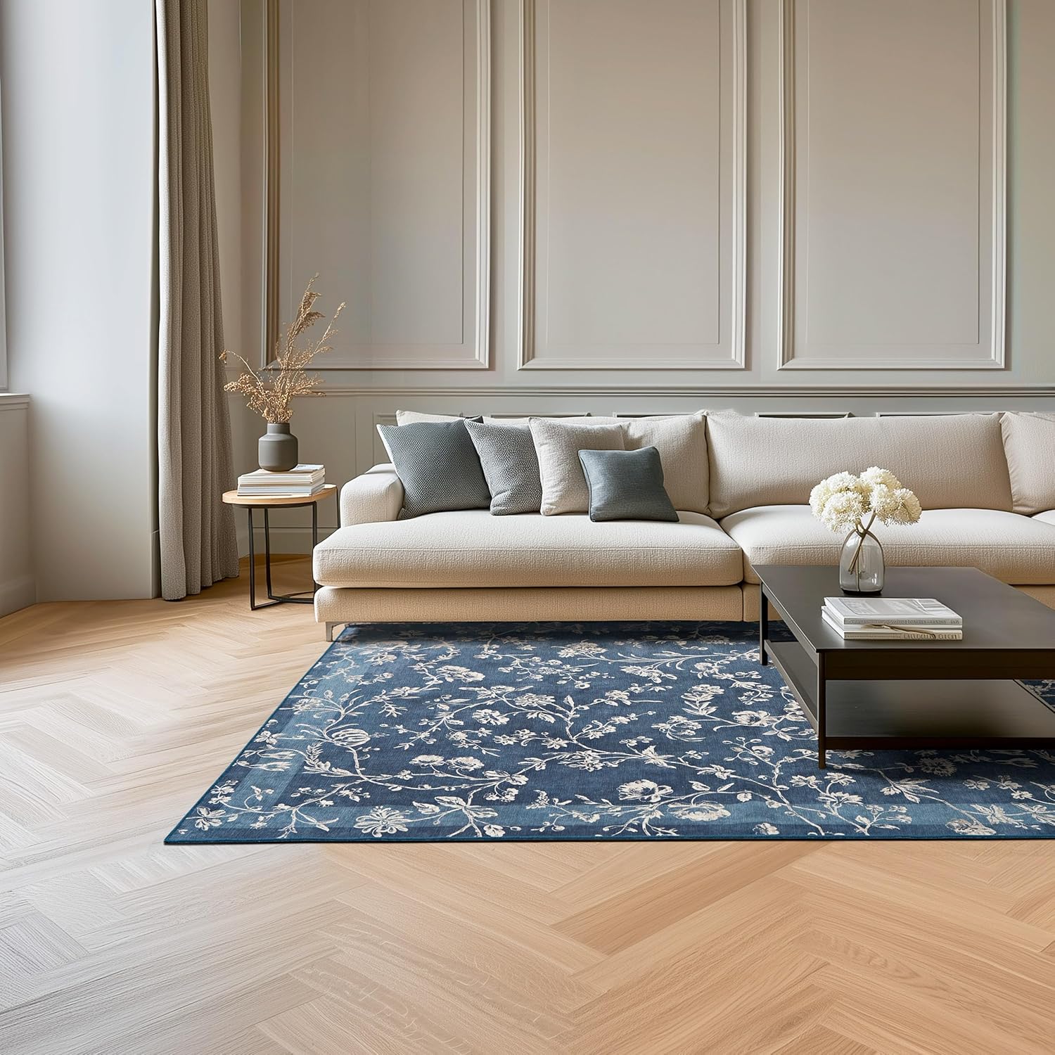 Laura Ashley Dark Navy Aria Floral Border Machine Washable & Slip Resistant 5′ x 7′ Area Rug Laura Ashley Dark Navy Aria Floral Border Machine Washable & Slip Resistant 5′ x 7′ Area Rug