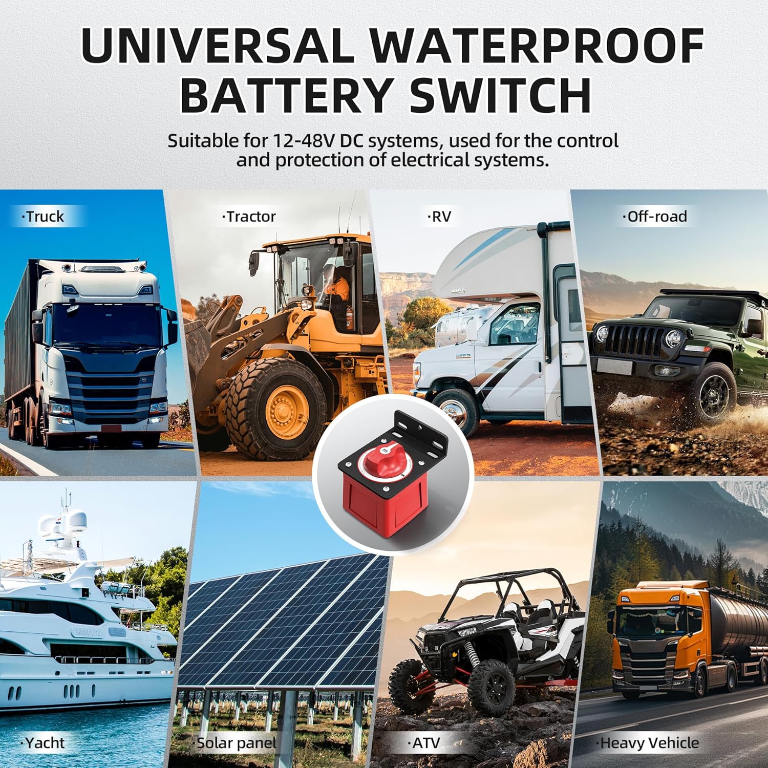 Marine Battery Switch with Heavy Duty Aluminum Bracket, 12V-48V 300A Battery Disconnect Switch Waterproof for Boat RV Car Truck, Ignition Protected Battery Cut Off Switch with Mounting Hardware