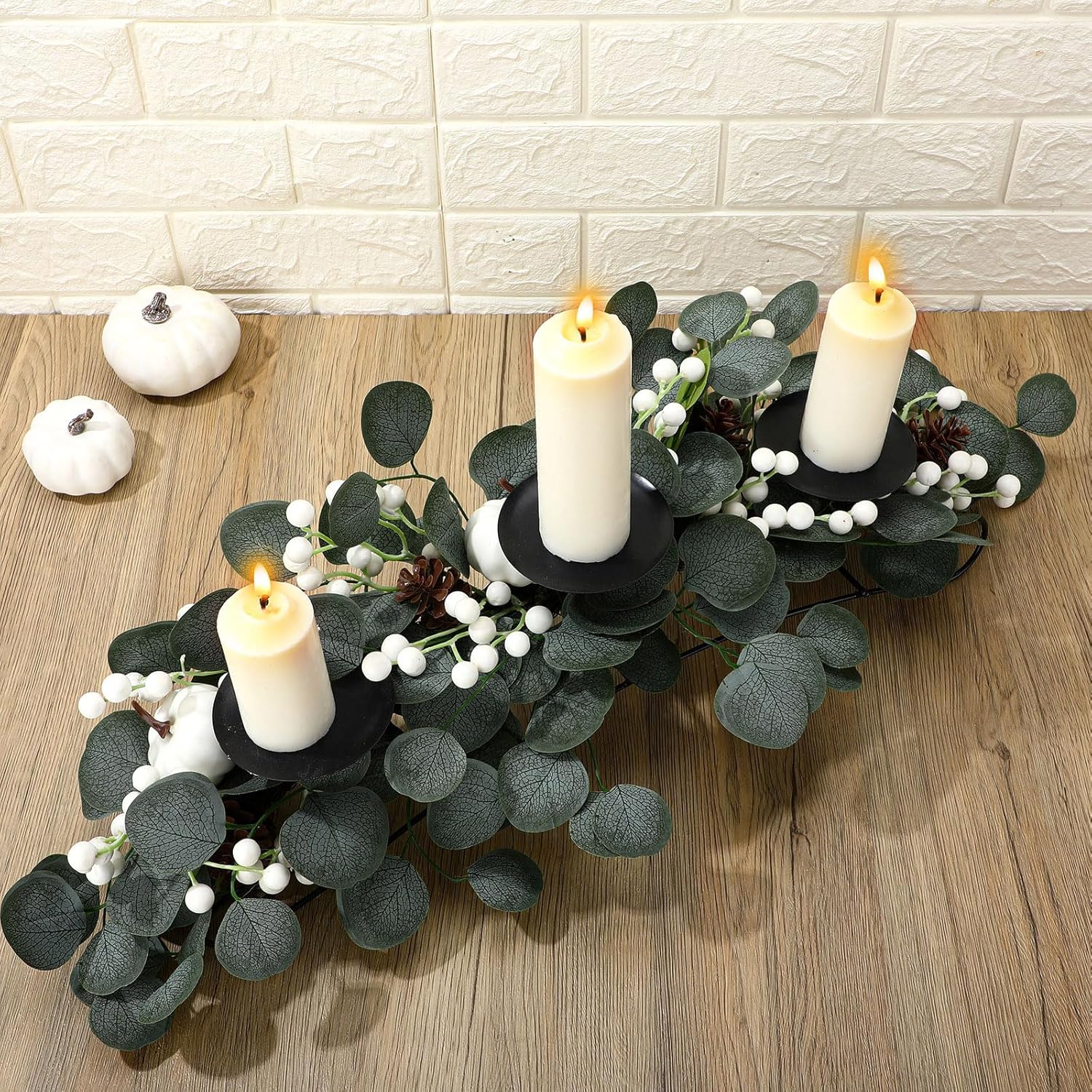 Fall Centerpiece with 3 Candle Holders Fall Harvest Tabletop Centerpiece with White Pumpkin Artificial Eucalyptus Pinecones Berries for Table Kitchen Thanksgiving Decor