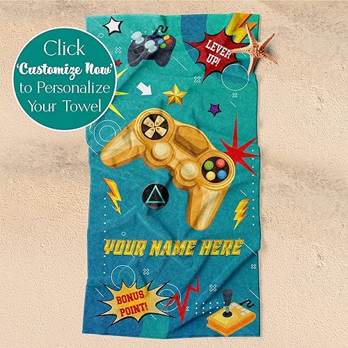 Miniatura 4 de Toalla de playa personalizada para niños y niñas con nombre personalizado de niños, tema de control de videojuegos, algodón suave y absorbente,