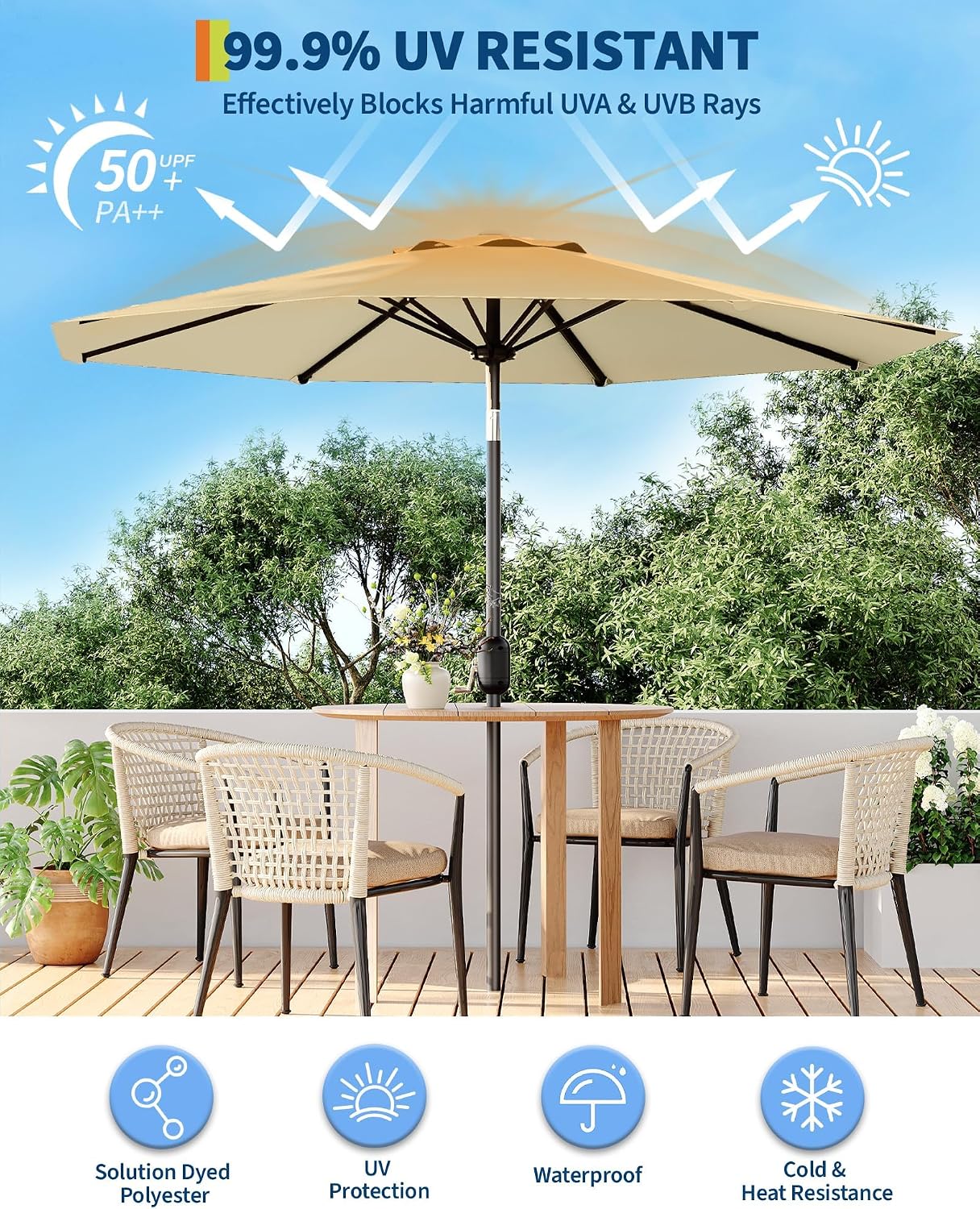 10FT Premium Patio Umbrella, Heavy Duty 8-Rib Steel Frame with Crank & Tilt, UV Protection, Fade Resistant Waterproof Polyster Canopy for Outdoor