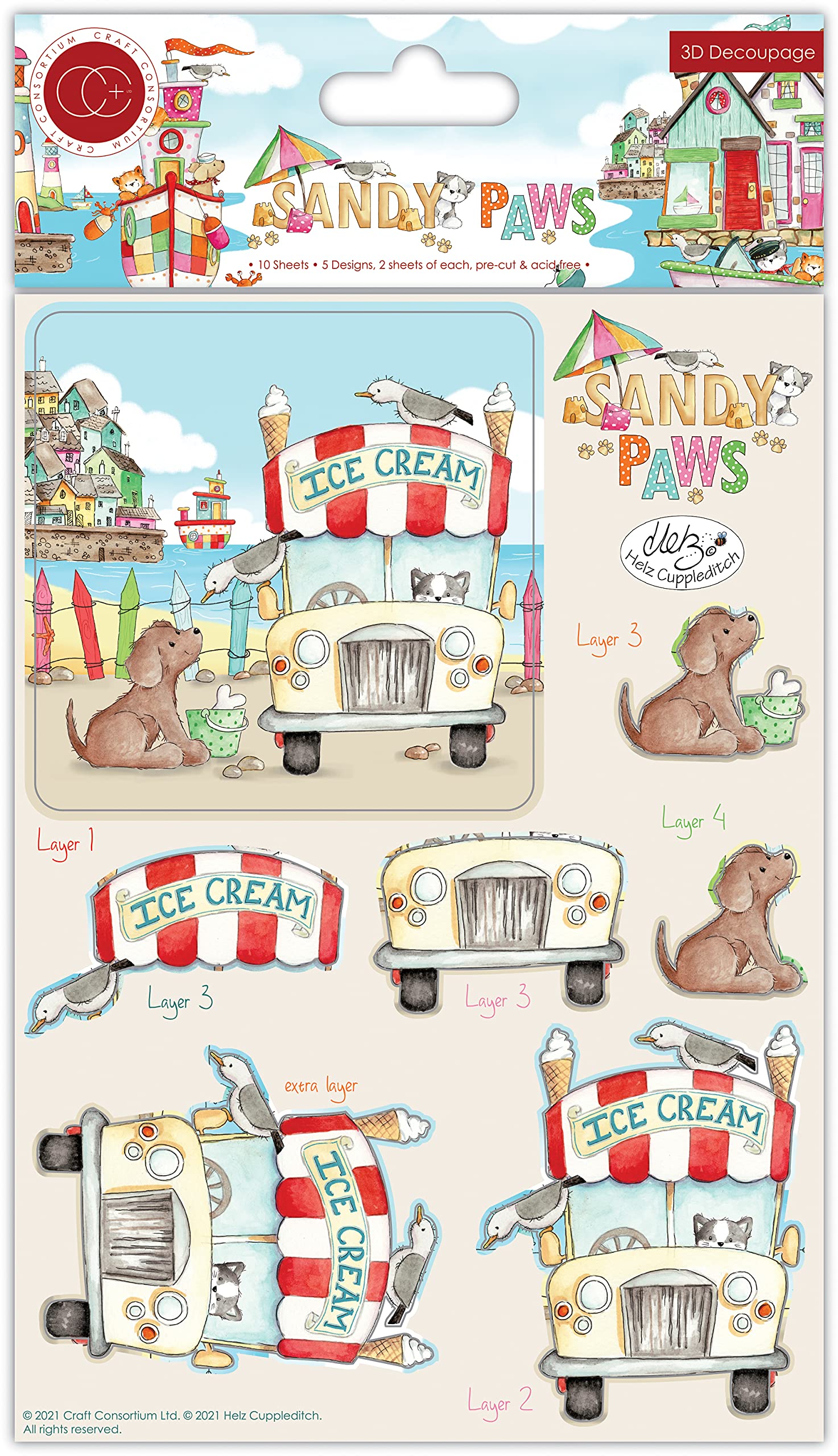 Craft Consortium Sandy Paws 3D Decoupage Set - 10 Sheets, 5 Designs, White Cardstock
