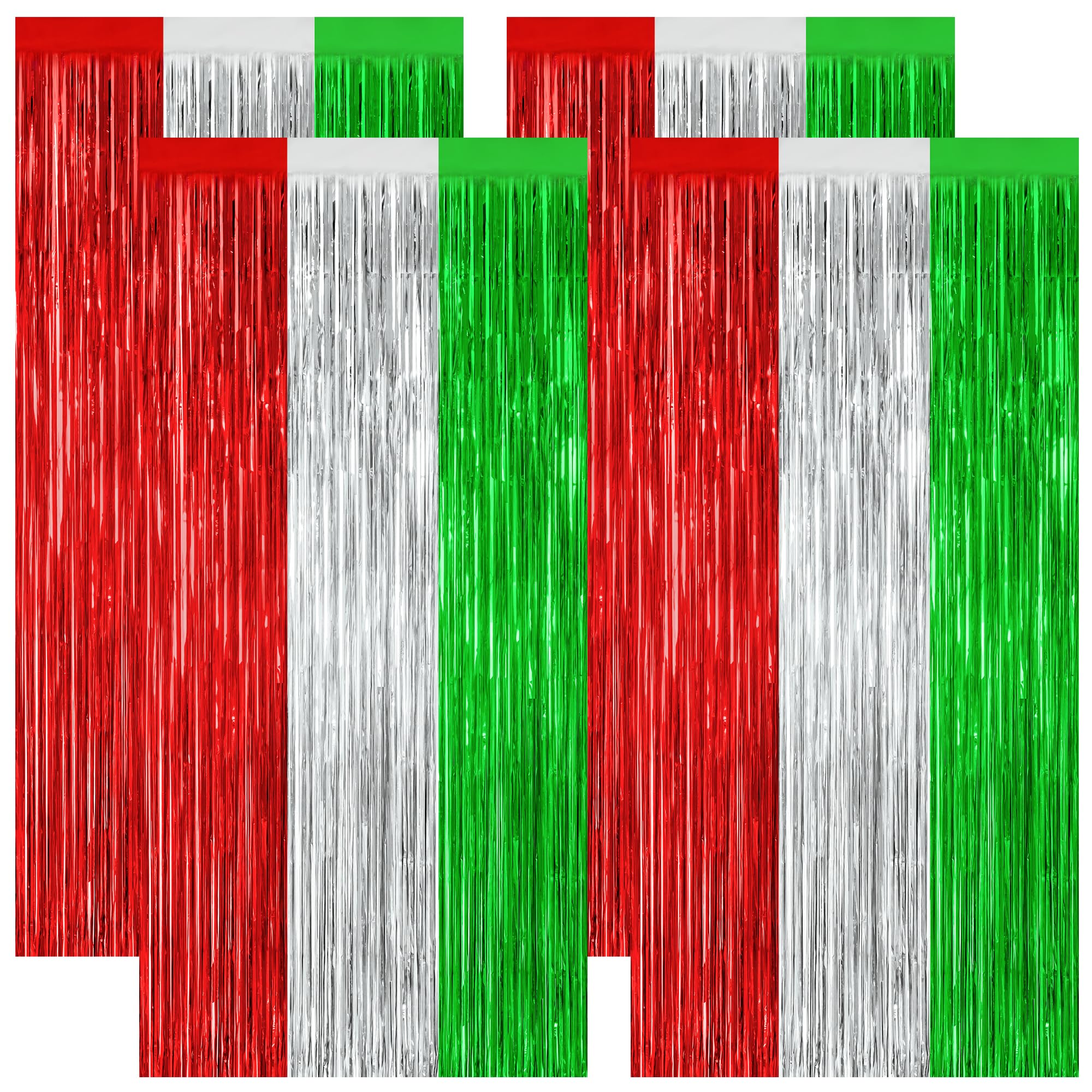4 Pack Christmas Curtains, 3.28 FT x 7.05 FT Red Silver Green Foil Backdrop, Metallic Foil Fringe Curtains Party Streamer Picture Backdrop, Christmas Door Decorations Photo Props Party Supplies