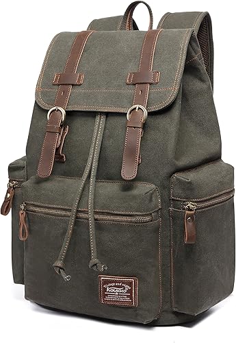 Miniatura 3 de KAUKKO mochila clásica de lona, mochila casual de día, morral de piel para la escuela, bolsa para computadora portátil