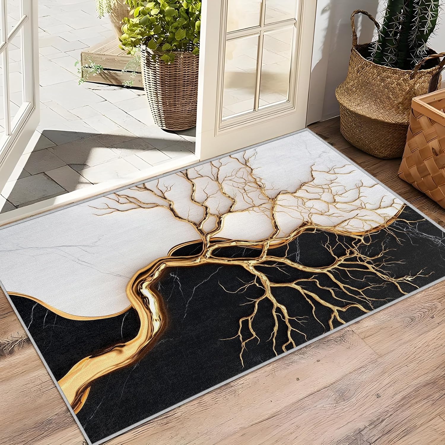 Marble Indoor Rugs for Entryway - 2x3ft -Abstract Modern Luxury Black White Gold Minimalist Washable Non Slip Low Pile Small Area Rug for Bedroom,Marble Carpet Home Decor